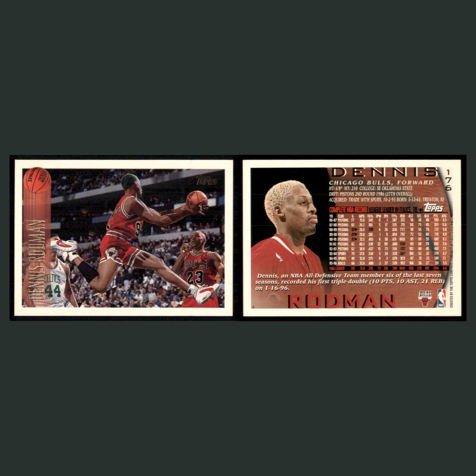 Dennis Rodman #176 1996-97 Topps Chicago Bulls Basketball Card NBA front and back scans. Card condition is Near Mint.