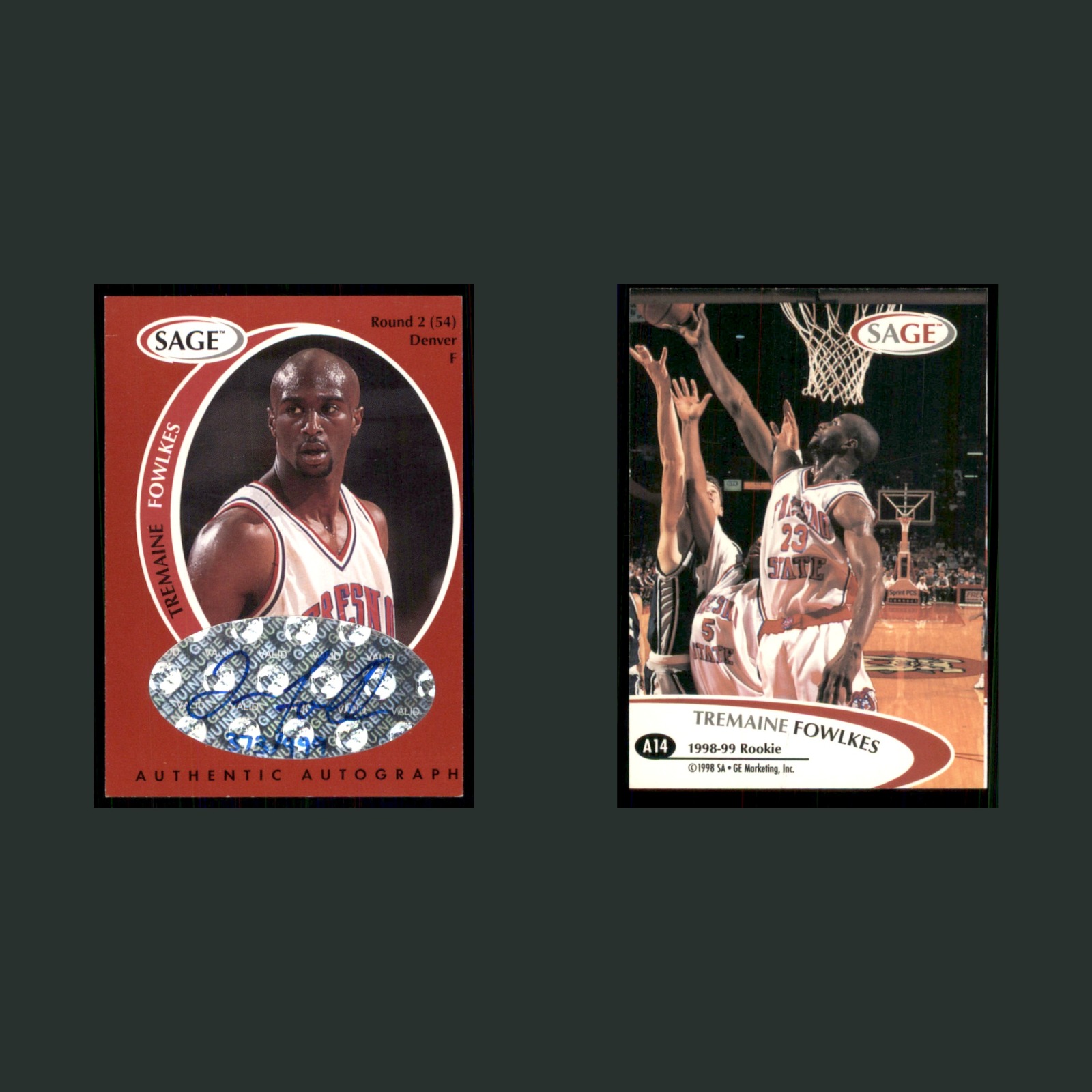 Tremaine Fowlkes Rookie /999 #A14 Autograph 1998-99 SAGE Denver Basketball Card front and back scans. Card condition is Near Mint.