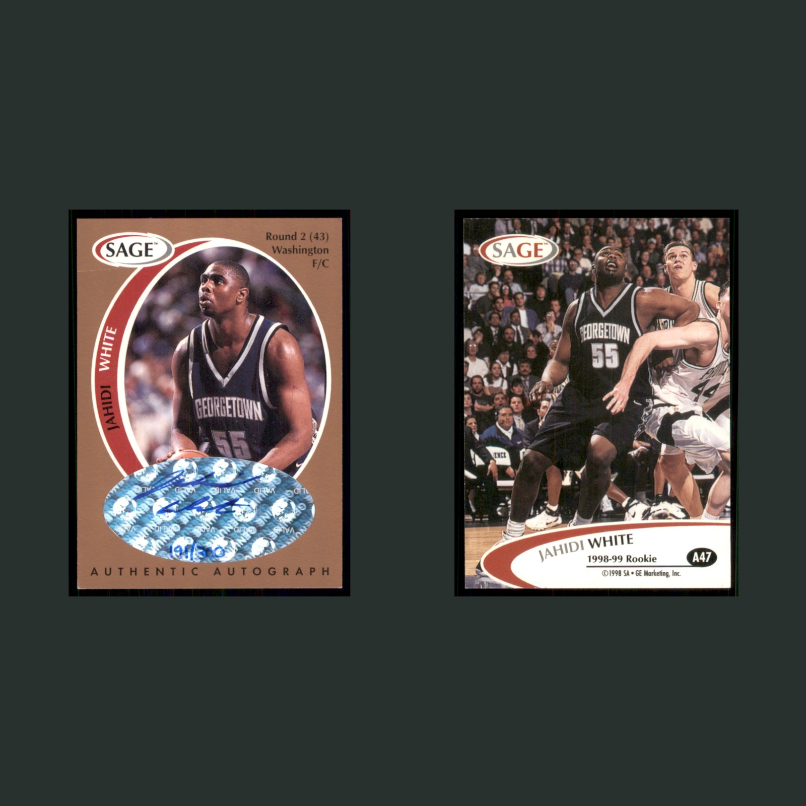 Jahidi White Rookie /300 #A47 Autograph 1998-99 SAGE Washington Basketball Card front and back scans. Card condition is Near Mint.