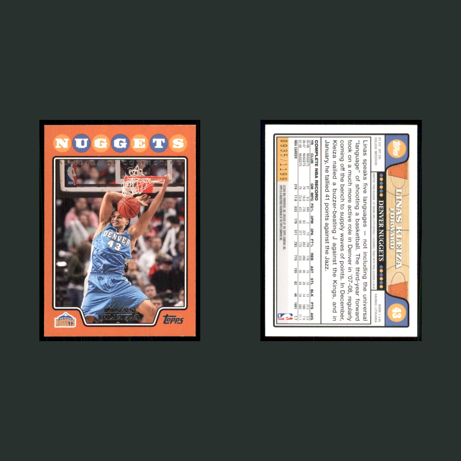 Linas Kleiza /1199 #43 2008-09 Topps Orange Denver Nuggets Basketball Card NBA front and back scans. Card condition is Near Mint.