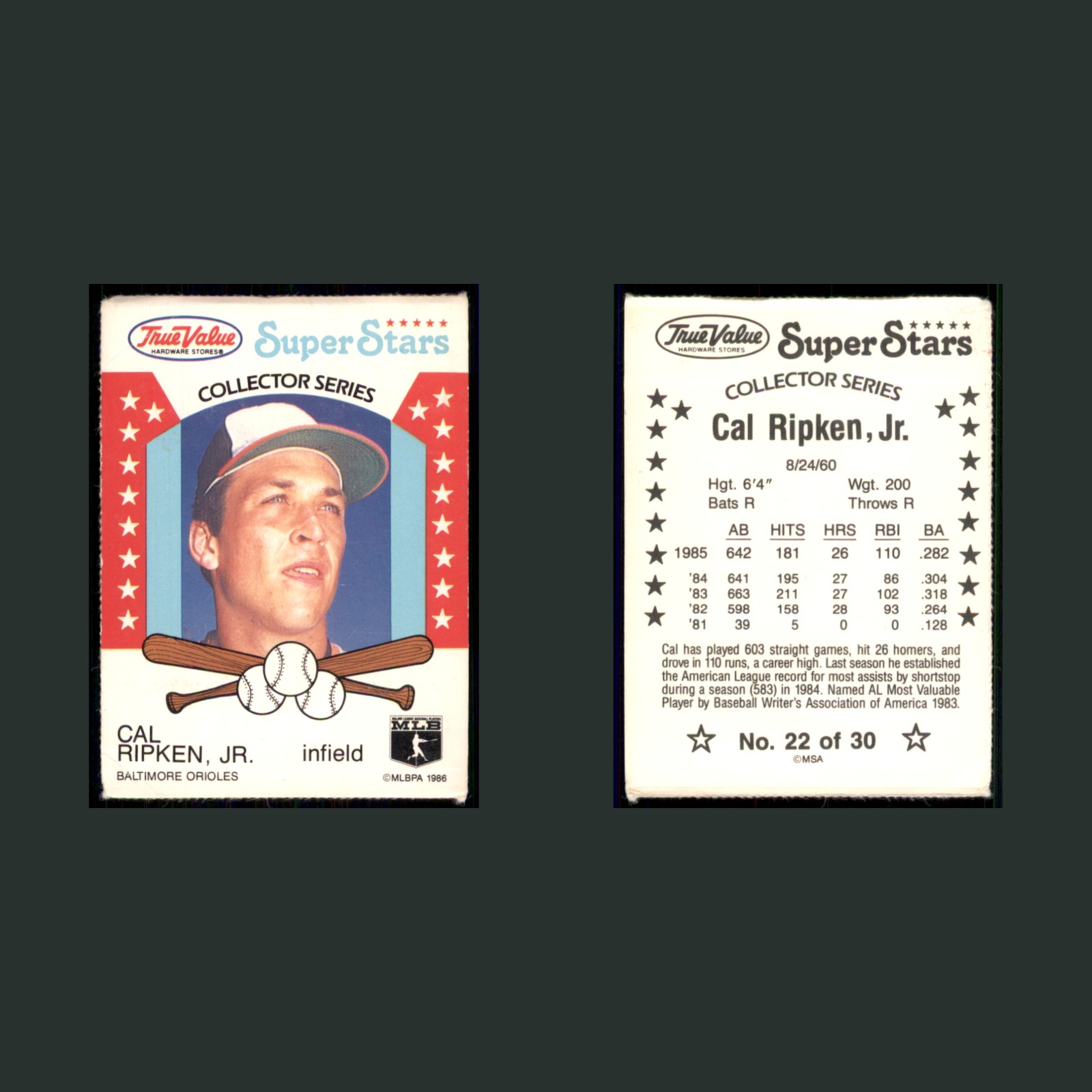Cal Ripken Jr #22 1986 True Value Super Stars Baltimore Orioles Baseball Card front and back scans. Card condition is Poor.