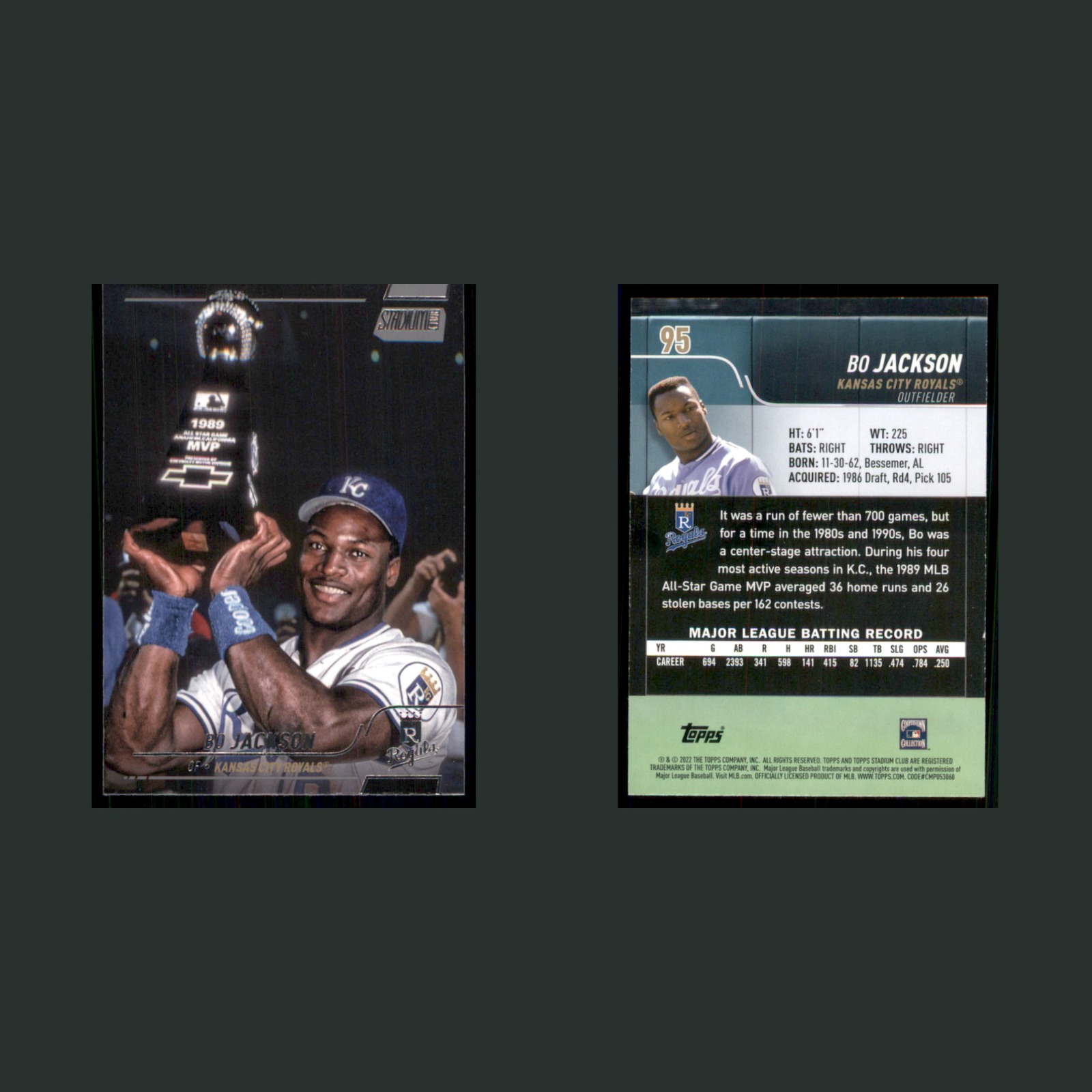 Bo Jackson #95 2022 Topps Stadium Club Kansas City Royals Baseball Card MLB front and back scans. Card condition is Near Mint.