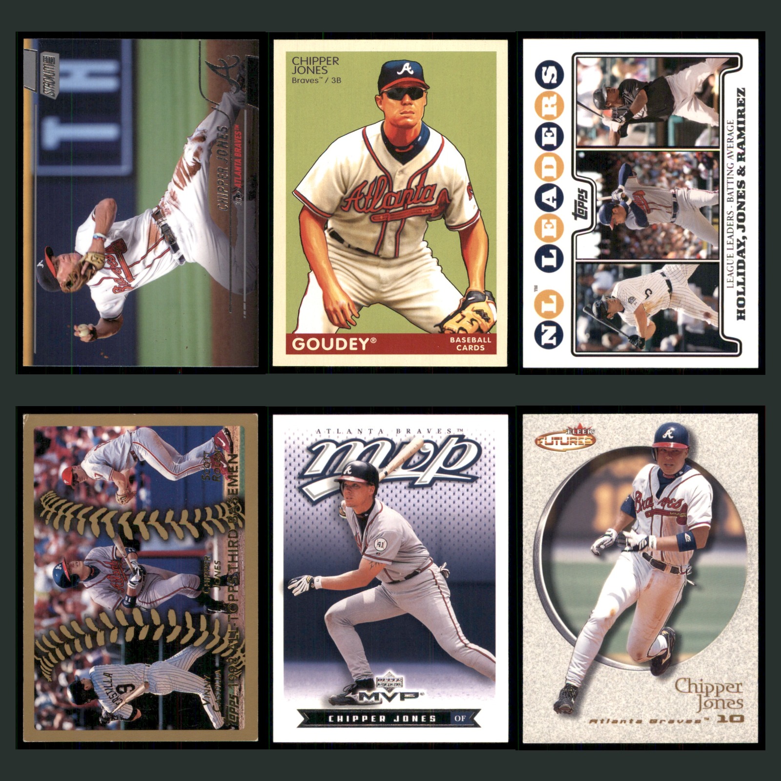 Chipper Jones Lot 6 Baseball Cards 2023 Topps Chrome Atlanta Braves Set MLB EX card scans. Overall card condition is Excellent.