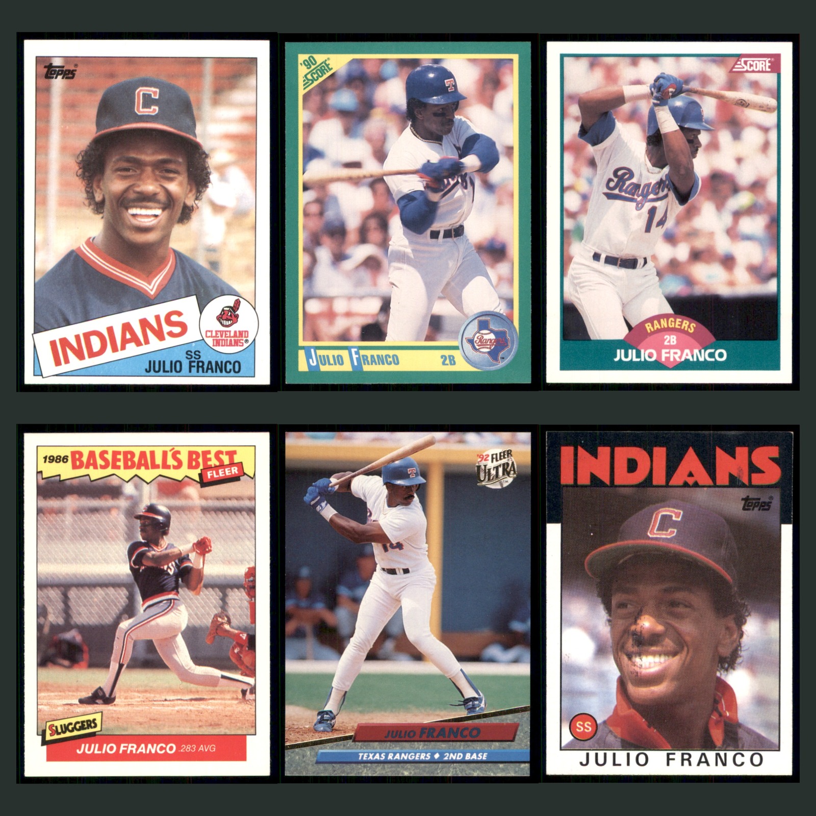 Julio Franco Lot 6 Baseball Cards 1989 Topps Cleveland Indians Set Collection EX card scans. Overall card condition is Excellent.