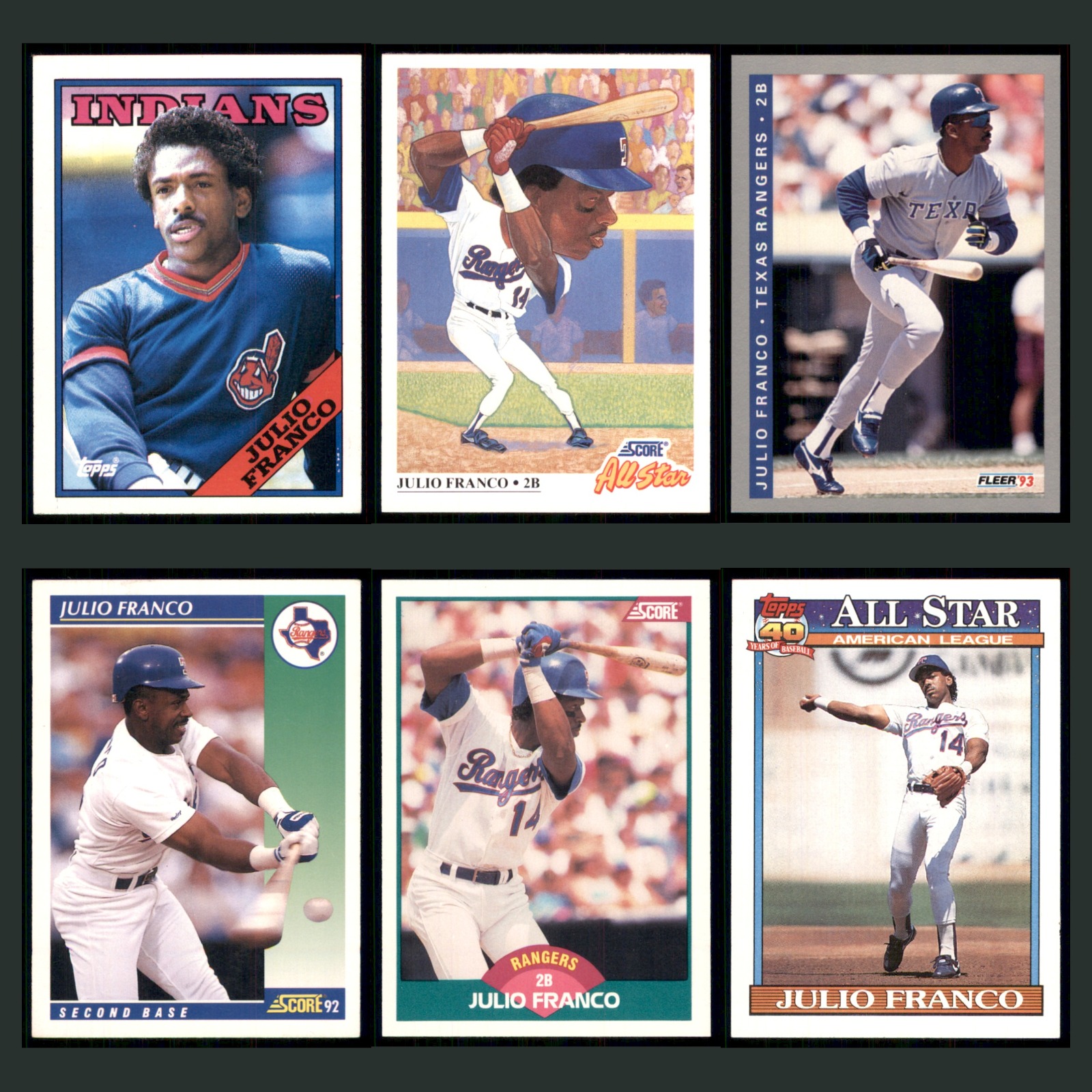 Julio Franco Lot 6 Baseball Cards 1989 Topps Cleveland Indians Set Collection EX card scans. Overall card condition is Excellent.