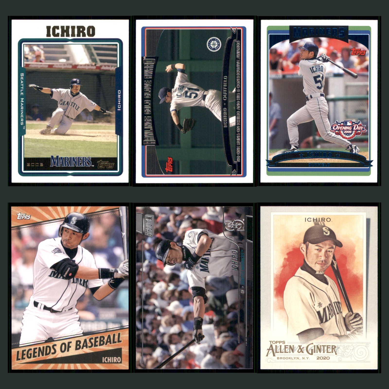 Ichiro Suzuki Lot 6 Baseball Cards 2005 Topps 2005 Seattle Mariners Set MLB EX card scans. Overall card condition is Excellent.