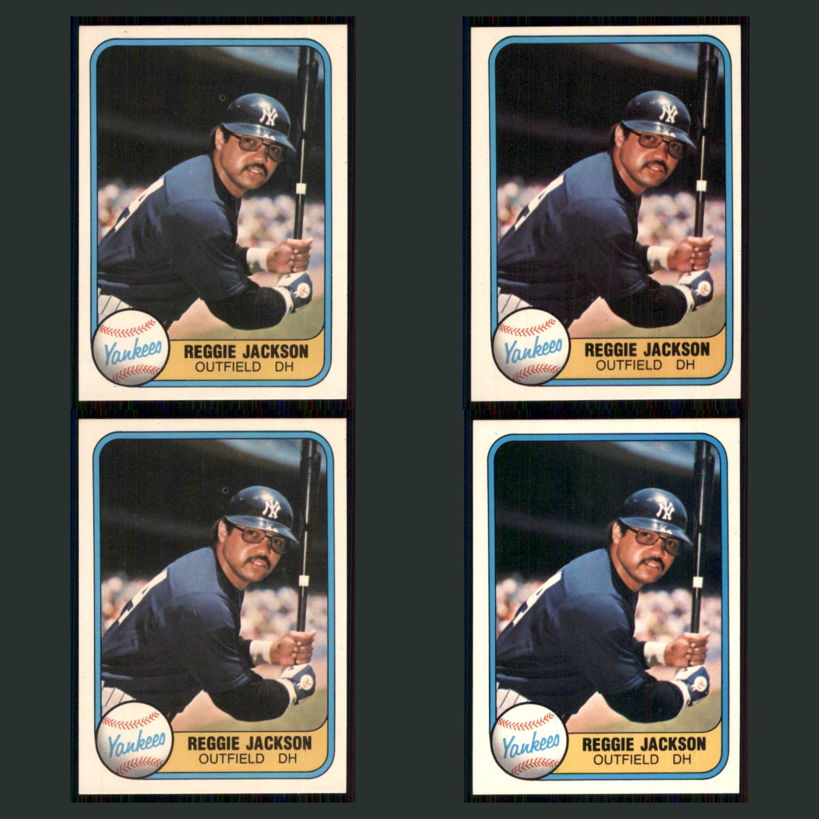Reggie Jackson Lot 4 Baseball Cards 1979 Fleer New York Yankees Set Collection card scans. Overall card condition is Near Mint.