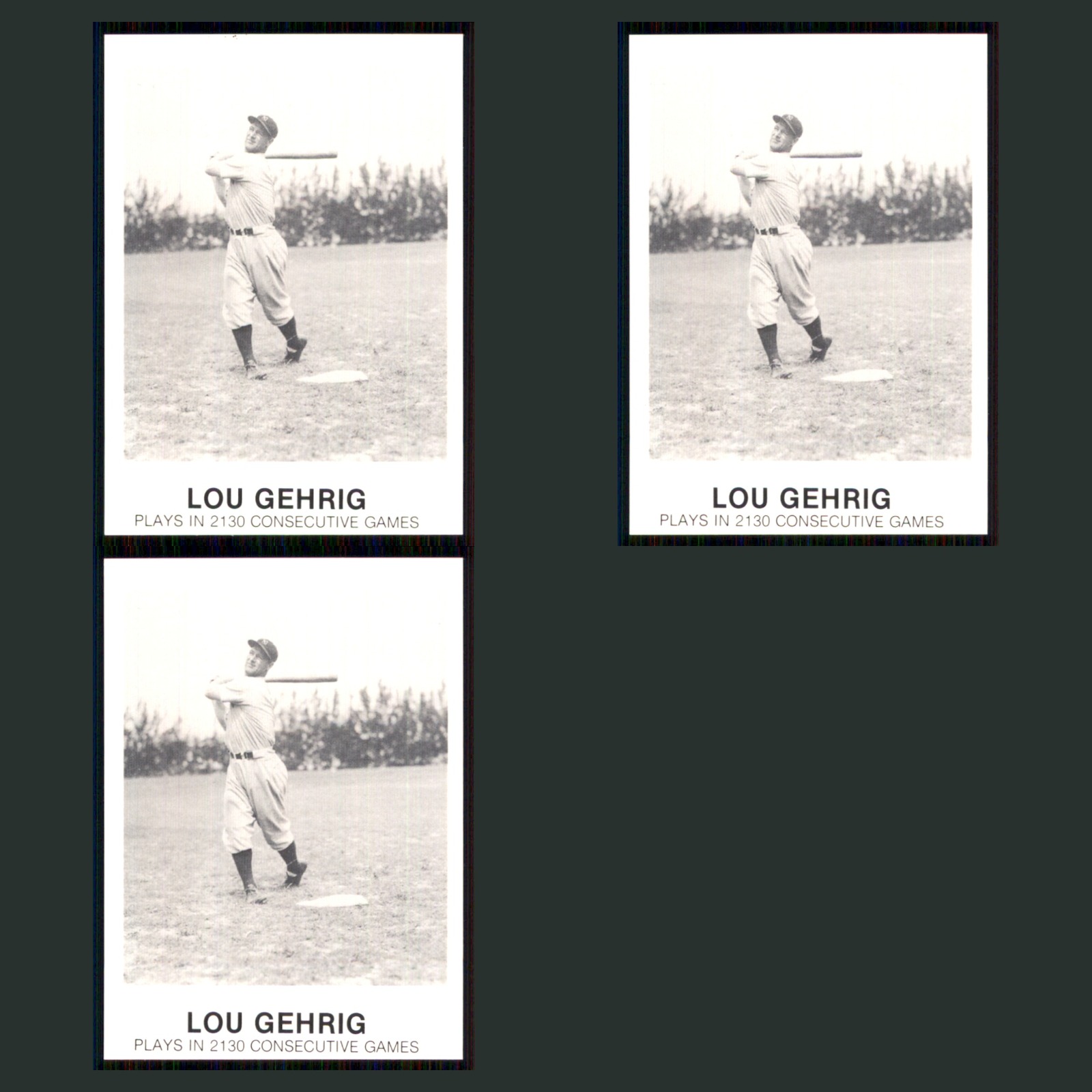 Lou Gehrig Lot 3 Baseball Cards 1984 Renata Galasso, Inc. Sixth Series Yankees card scans. Overall card condition is Near Mint.