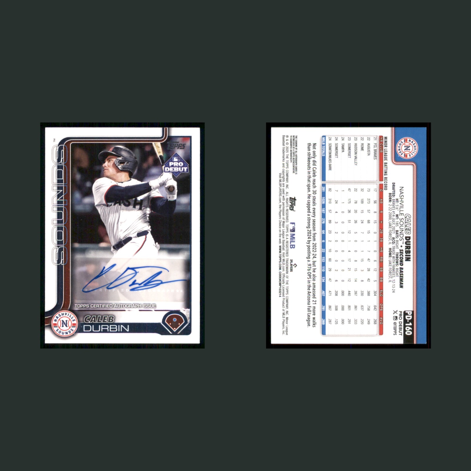 Caleb Durbin Auto #PD-160 Autograph 2024 Topps Pro Debut Nashville Sounds Card front and back scans. Card condition is Near Mint.
