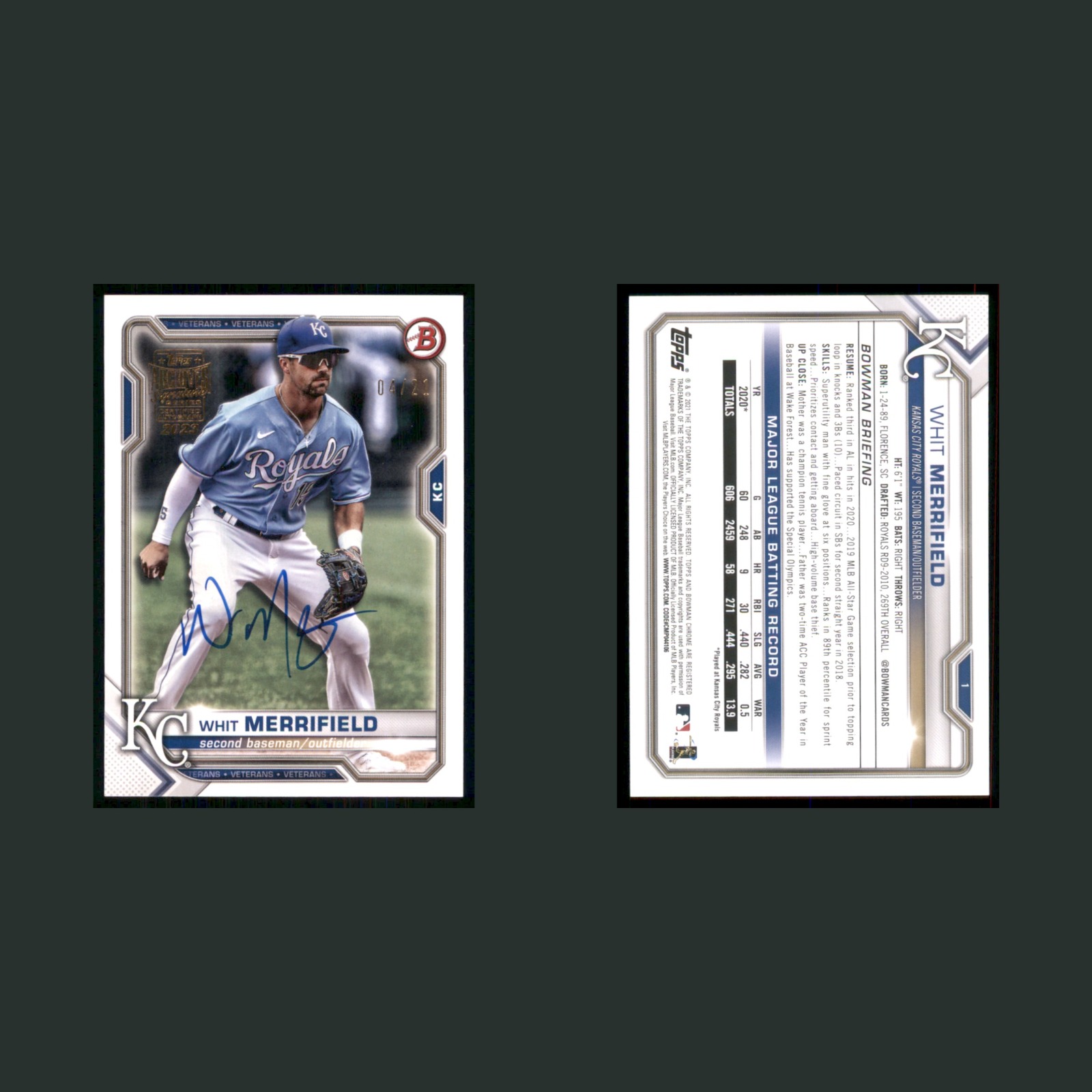 Whit Merrifield Rookie /21 #1 Autograph 2023 Topps Archives Signature Series MLB front and back scans. Card condition is Near Mint.