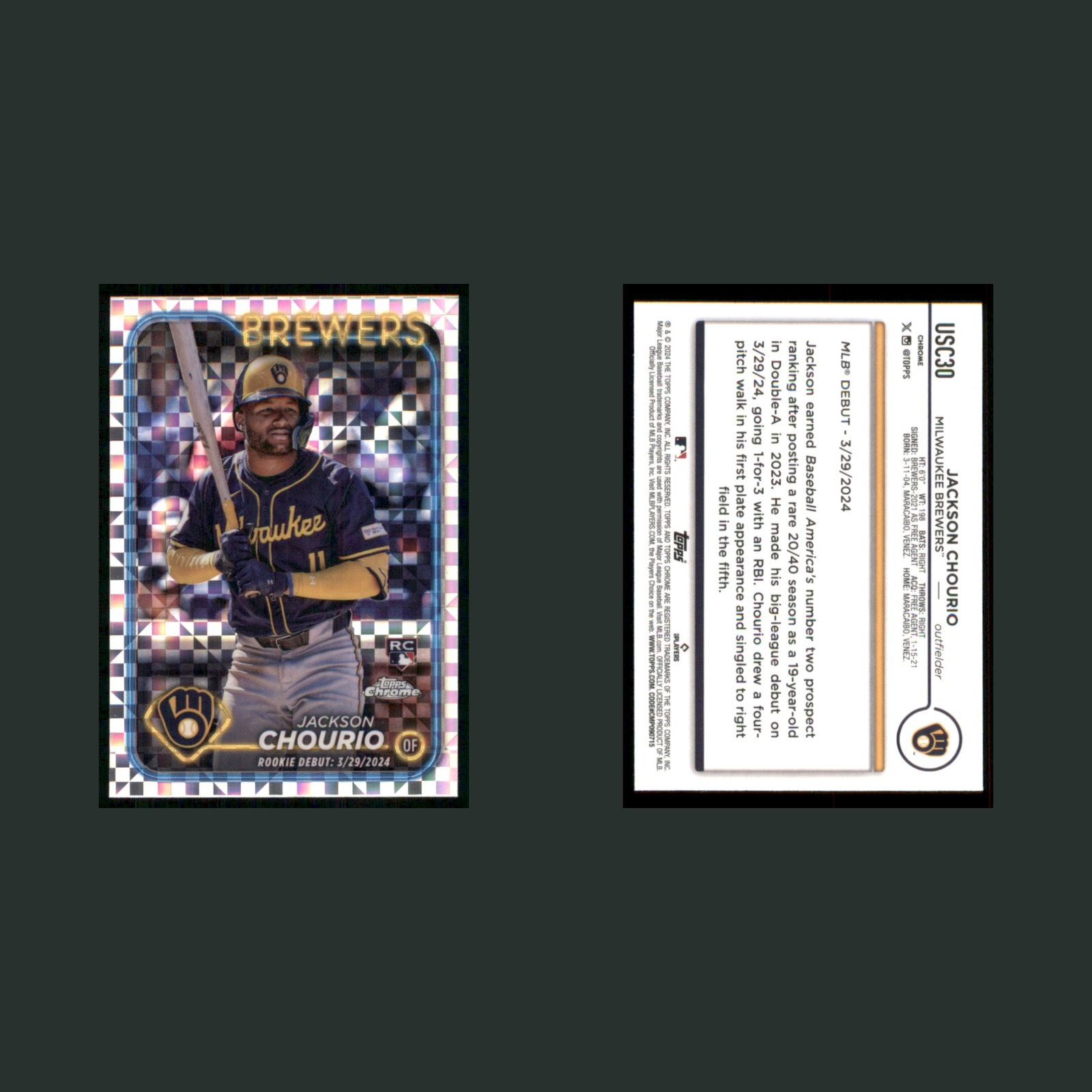 Jackson Chourio Rookie #USC30 2024 Topps Chrome Milwaukee Brewers Baseball Card front and back scans. Card condition is Near Mint.