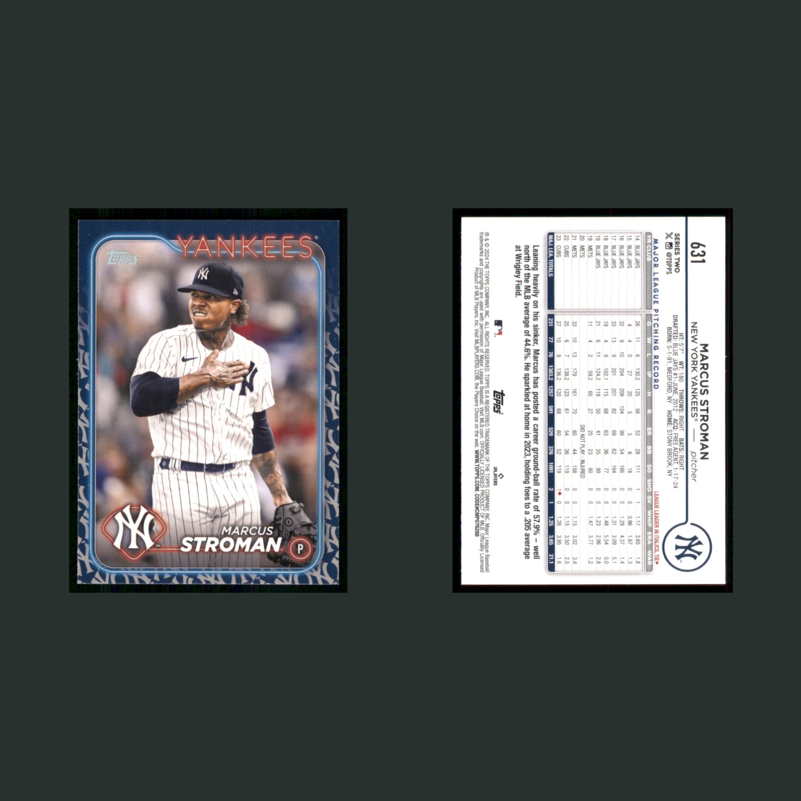 Marcus Stroman #631 2024 Topps New York Yankees Baseball Card MLB front and back scans. Card condition is Near Mint.