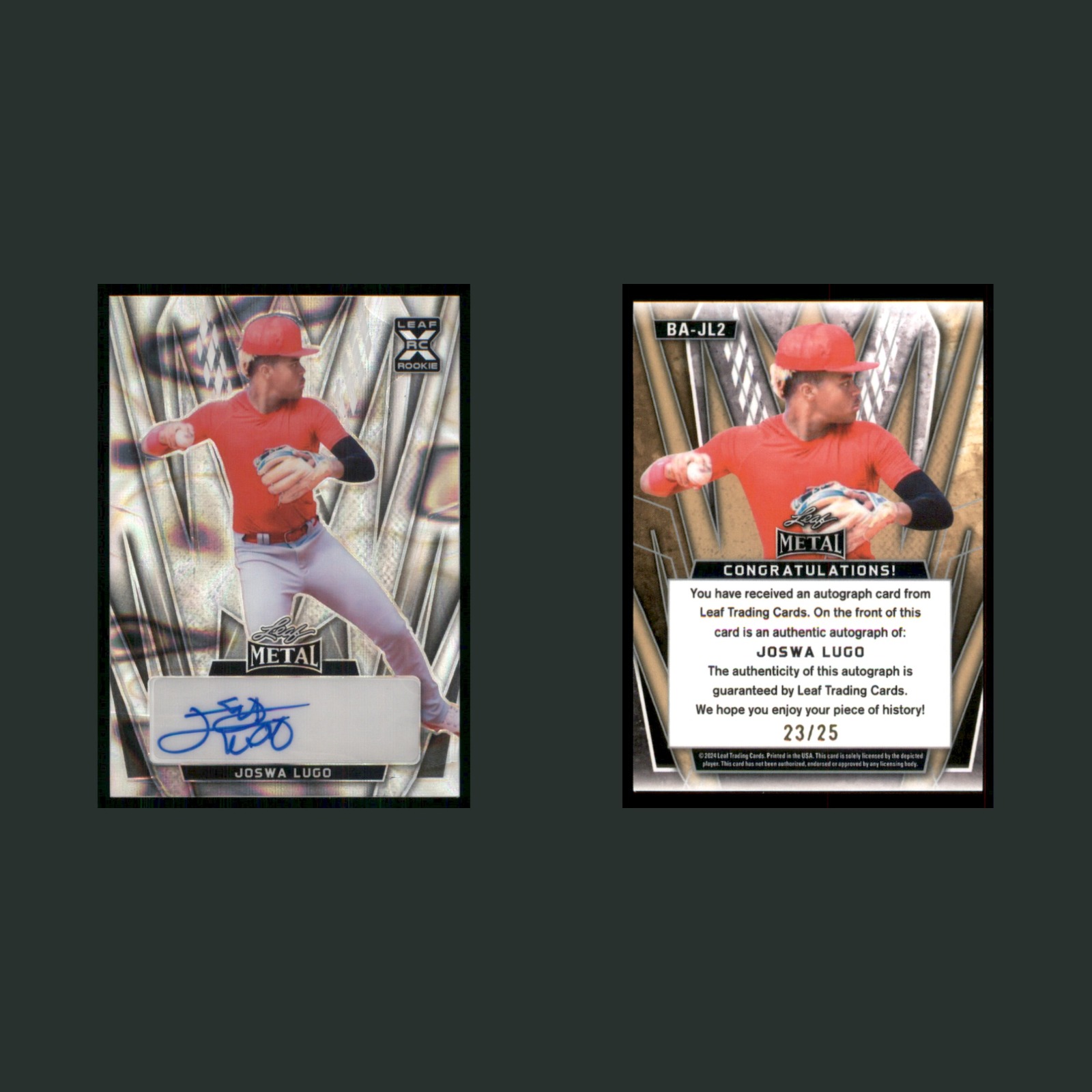 Joswa Lugo Rookie /25 #BA-JL2 Autograph 2024 Leaf Metal Baseball Card MLB front and back scans. Card condition is Near Mint.