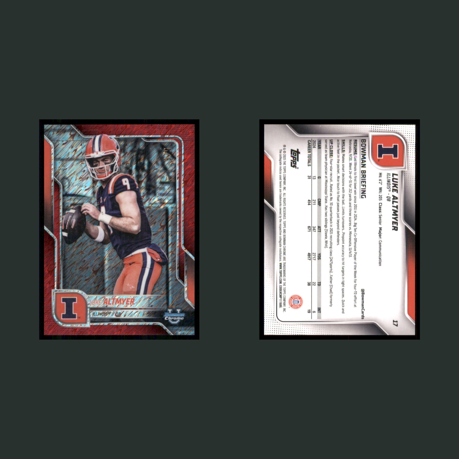 Luke Altmyer /5 #17 2025 Bowman Chrome University Illinois Football Card NFL front and back scans. Card condition is Near Mint.