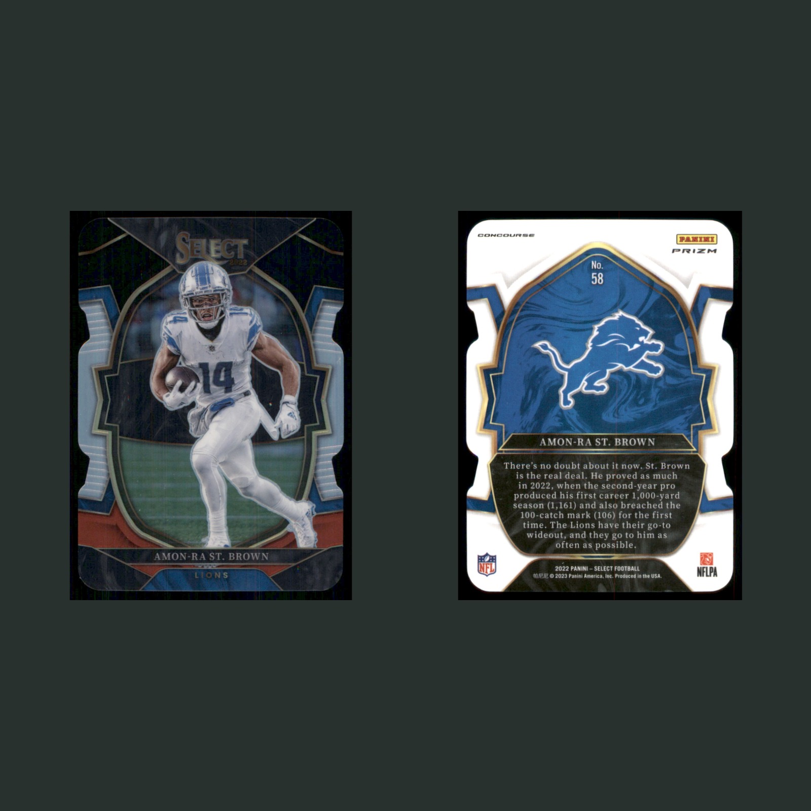 Amon-Ra St. Brown #58 2022 Panini Select Detroit Lions Football Card NFL front and back scans. Card condition is Near Mint.