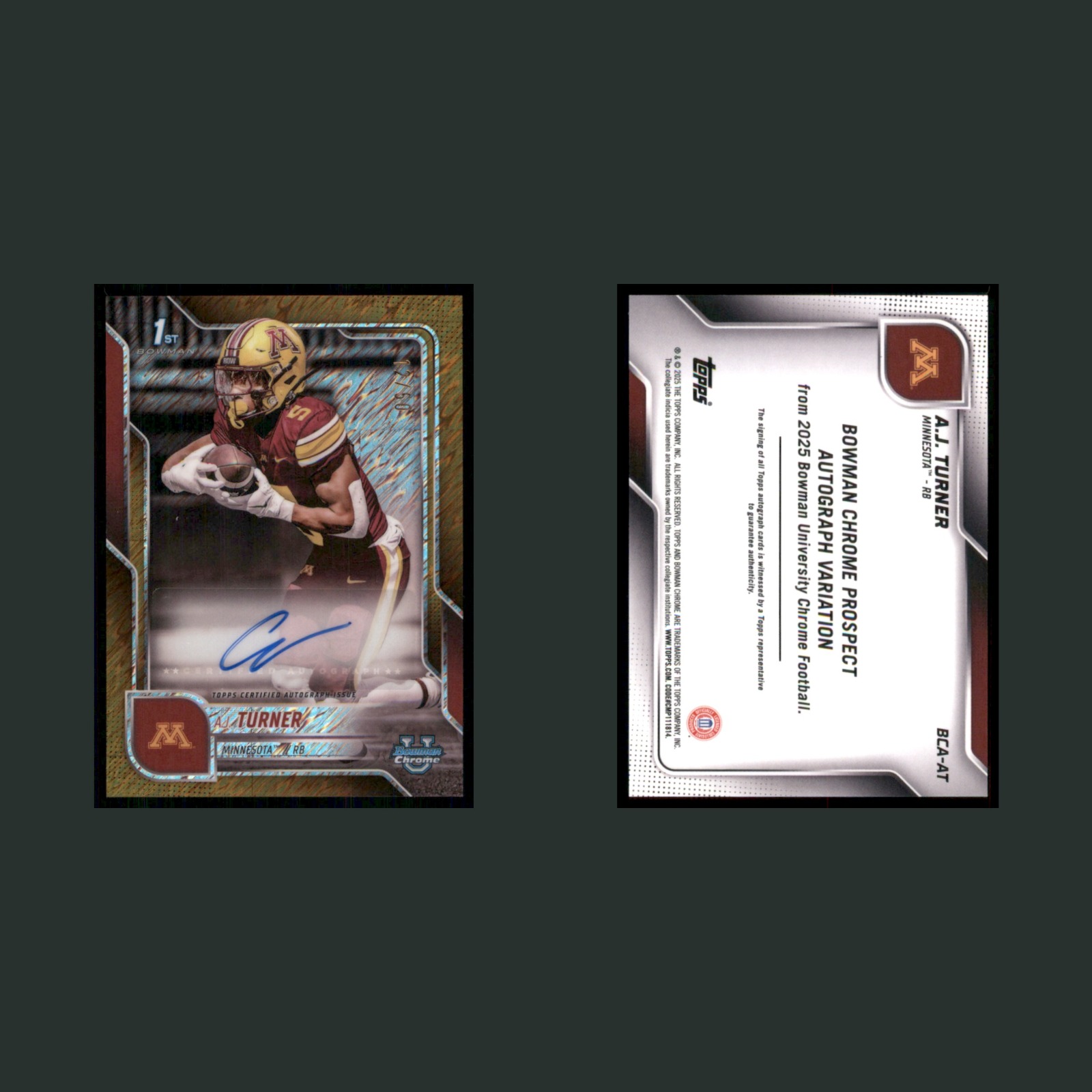 AJ Turner Rookie /50 #BCA-AT Autograph 2025 Bowman Chrome U Football Card NFL front and back scans. Card condition is Near Mint.