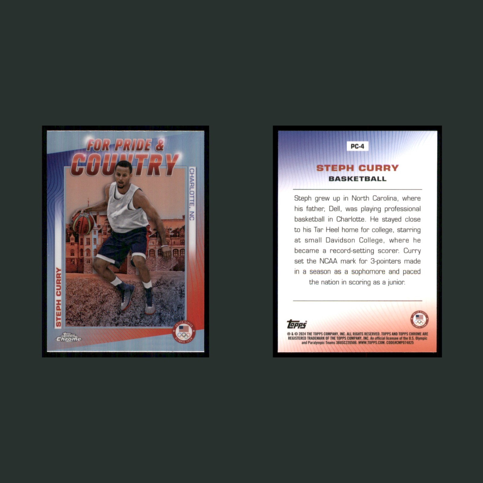 Steph Curry #PC-4 Stephen 2024-25 Topps Chrome For Pride & Country Charlotte, NC front and back scans. Card condition is Near Mint.