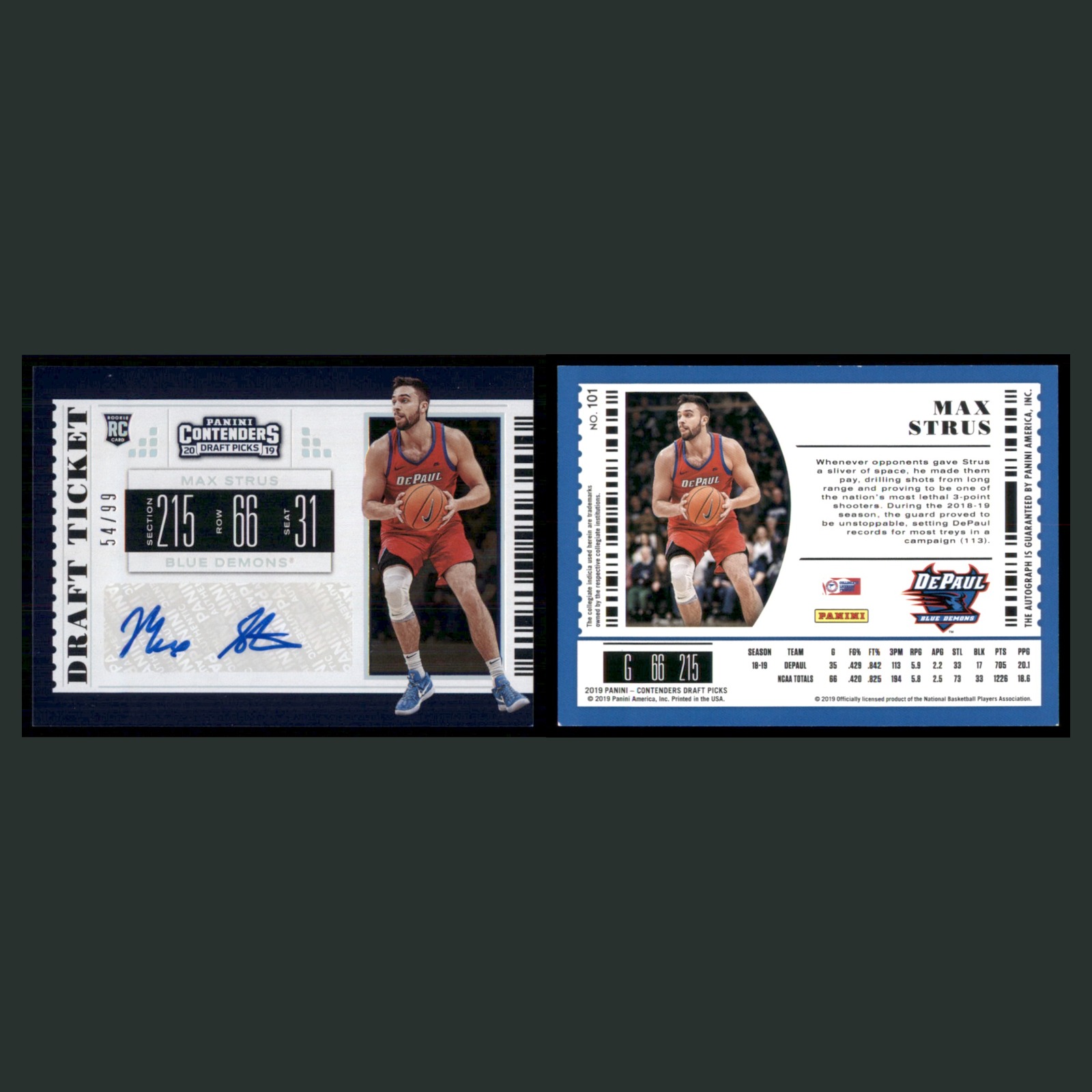Max Strus Rookie /99 #101 Autograph 2019-20 Panini Contenders Draft Picks Card front and back scans. Card condition is Excellent.