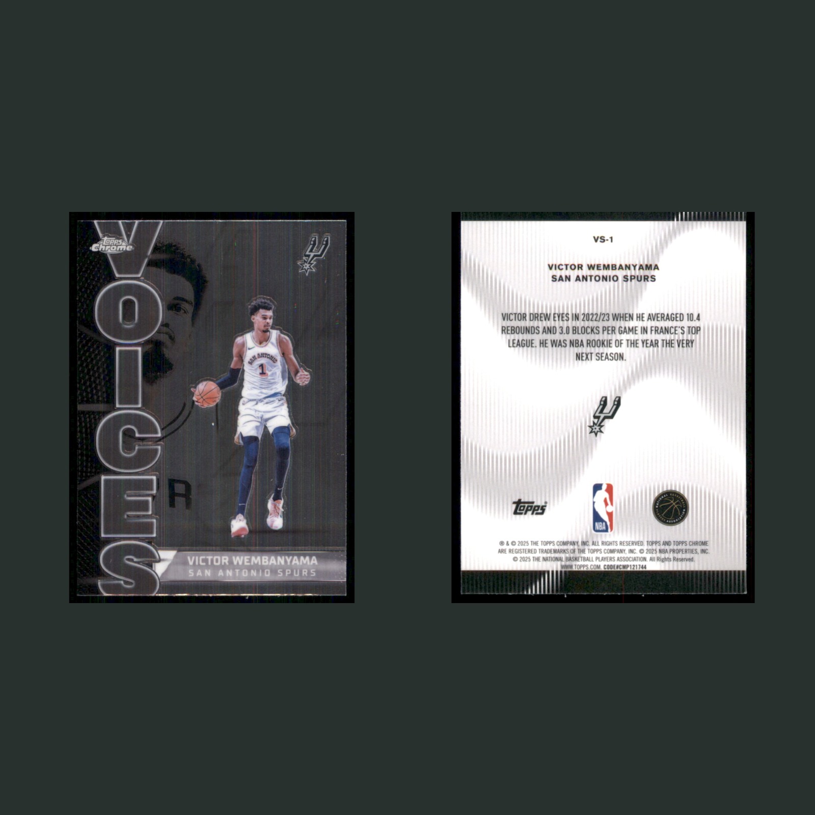 Victor Wembanyama #VS-1 Wemby Topps Chrome Voices San Antonio Spurs Basketball front and back scans. Card condition is Near Mint.