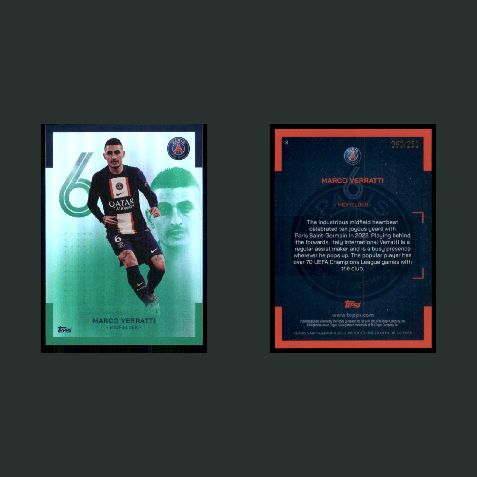 Marco Verratti /250 #8 2023 Topps Paris Saint-Germain Soccer Card front and back scans. Card condition is Near Mint.