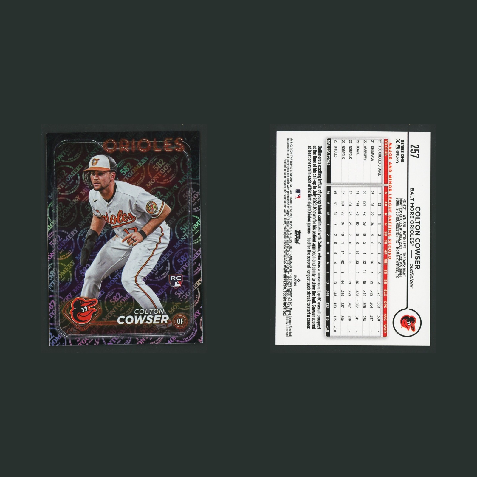 Colton Cowser Rookie #257 2024 Topps Baltimore Orioles Baseball Card MLB front and back scans. Card condition is Near Mint.
