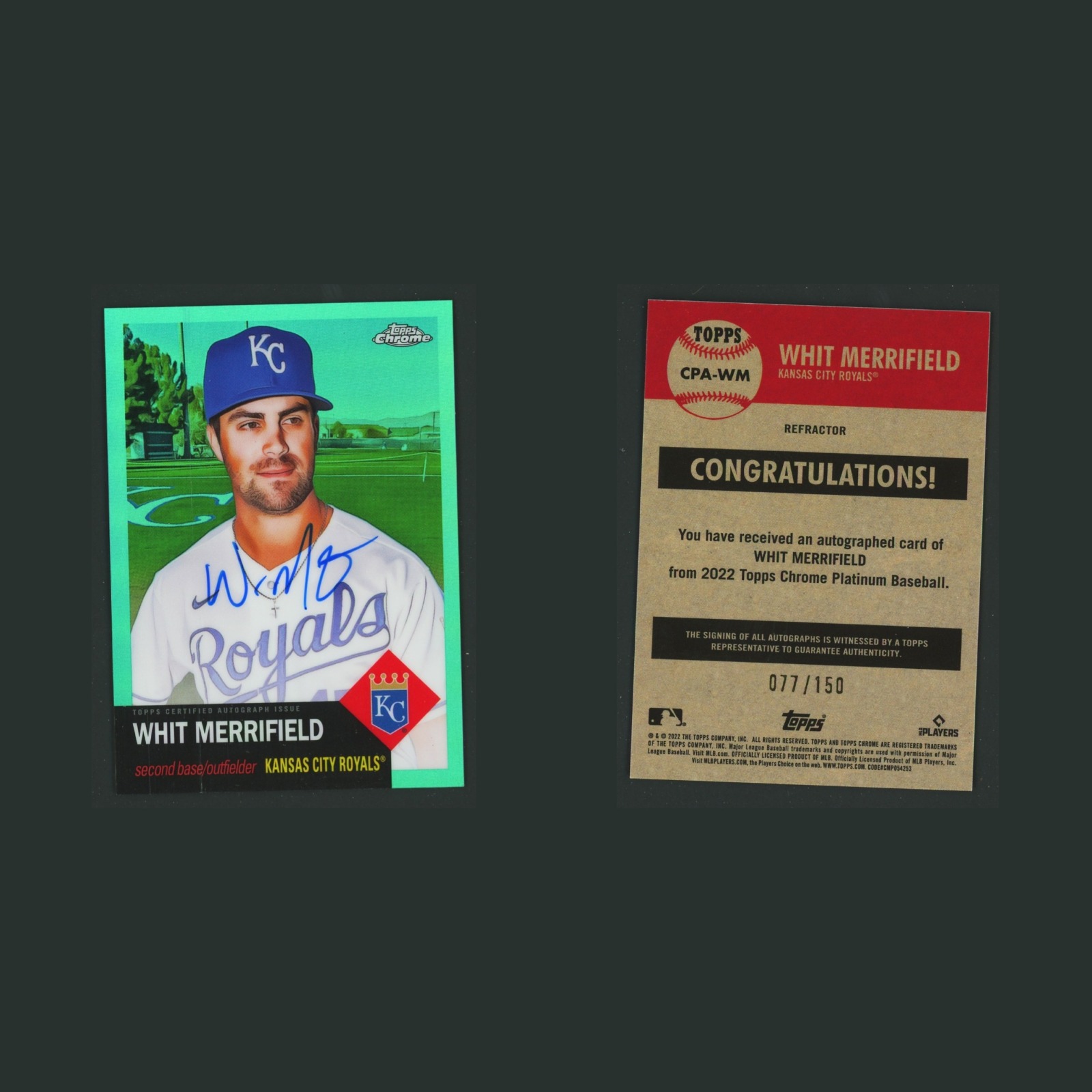 Whit Merrifield Auto /150 #CPA-WM Autograph 2022 Kansas City Royals Baseball MLB front and back scans. Card condition is Near Mint.