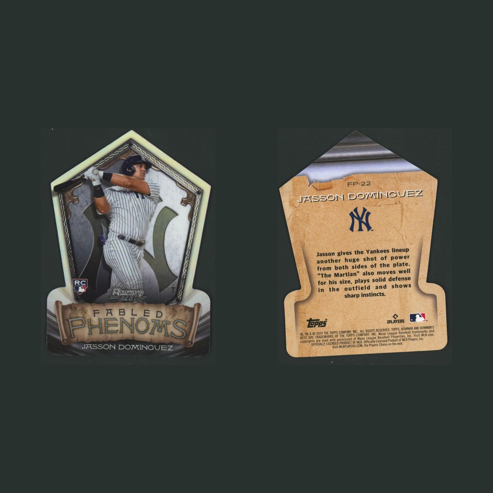 Jasson Dominguez Rookie #FP-22 2024 Bowman's Best Fabled Phenoms Yankees Card front and back scans. Card condition is Near Mint.