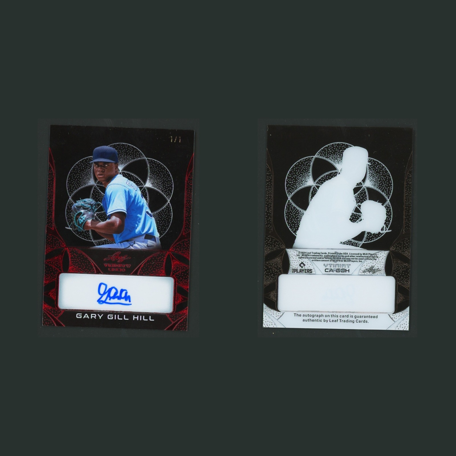 Gary Gill Hill Auto 1/1 #CA-GGH Autograph 2024 Leaf Trinity Baseball Card MLB front and back scans. Card condition is Near Mint.