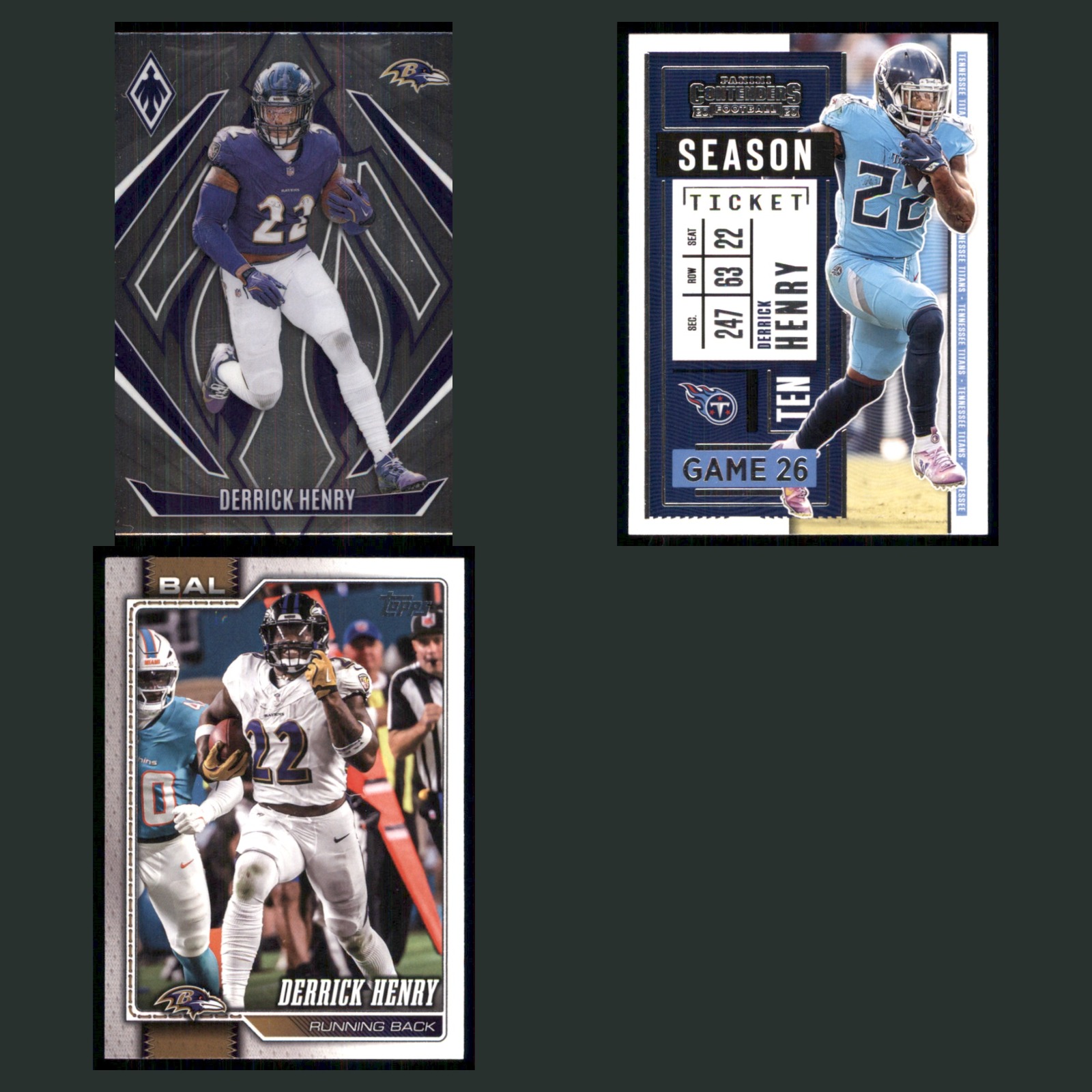 Derrick Henry Lot 3 Football Cards 2024 Panini Phoenix Baltimore Ravens Set NFL card scans. Overall card condition is Near Mint.