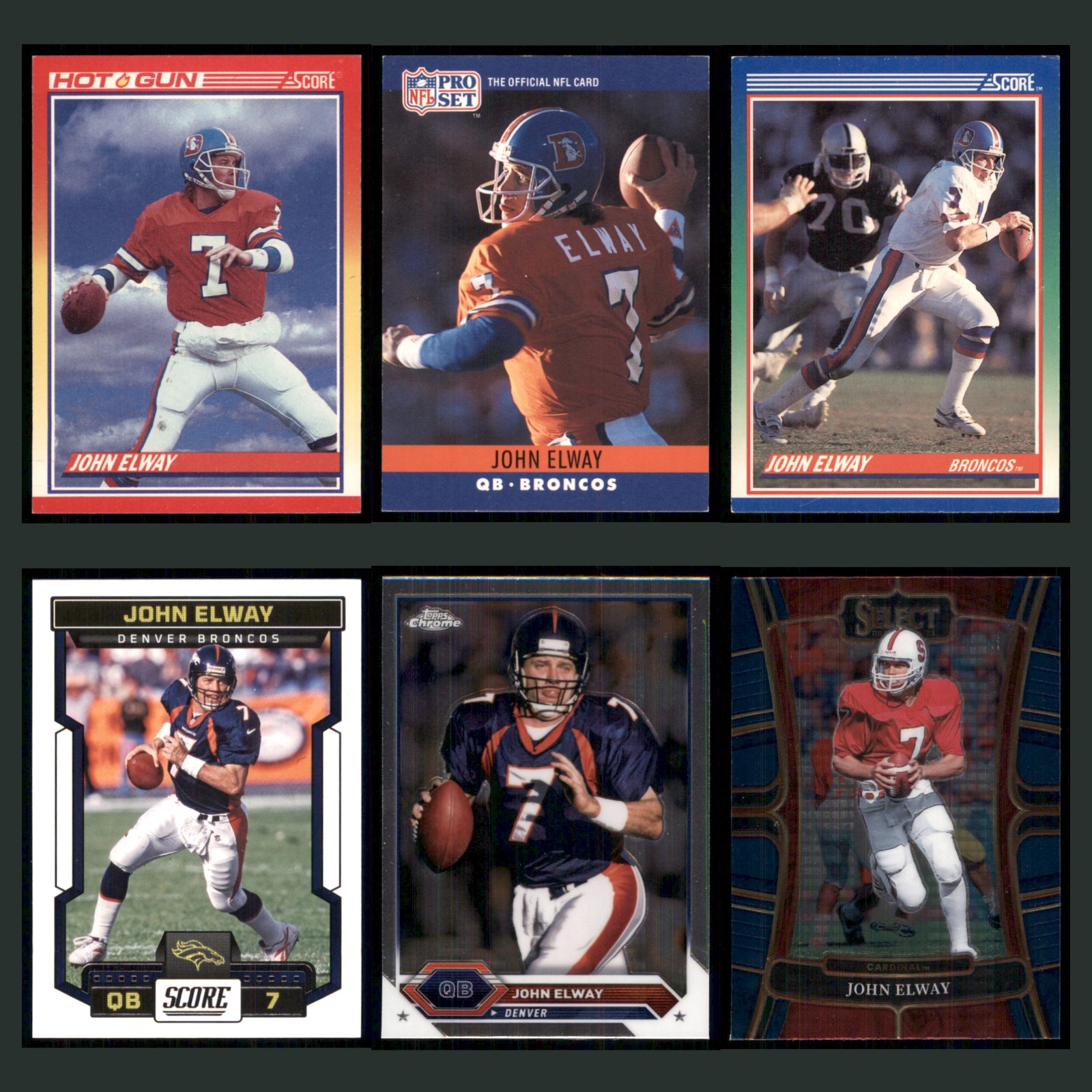 John Elway Lot 6 Football Cards 1990 Score Denver Broncos Set Collection NFL NM card scans. Overall card condition is Near Mint.