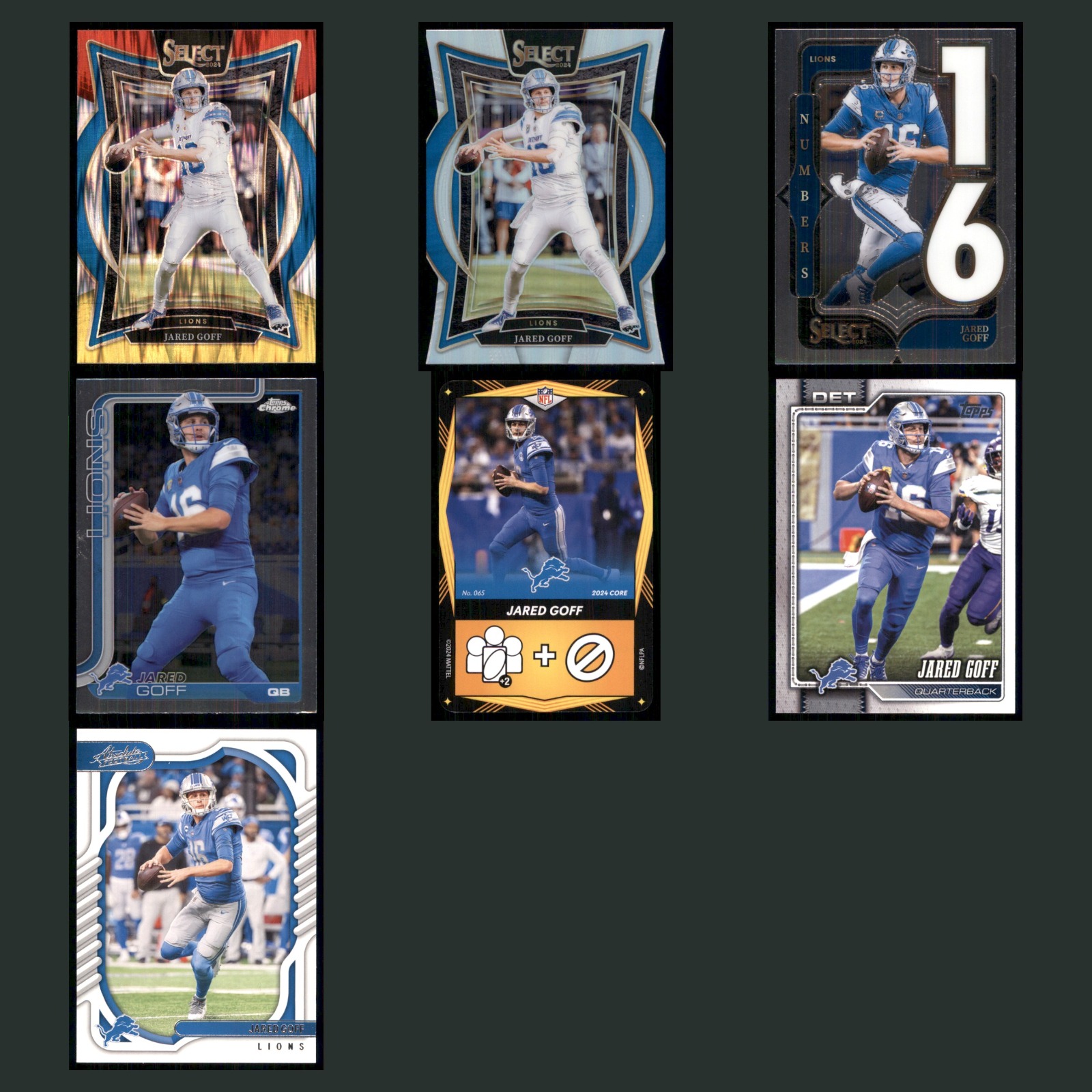 Jared Goff Lot 7 Football Cards 2024 Panini Select Detroit Lions Set Collection card scans. Overall card condition is Near Mint.