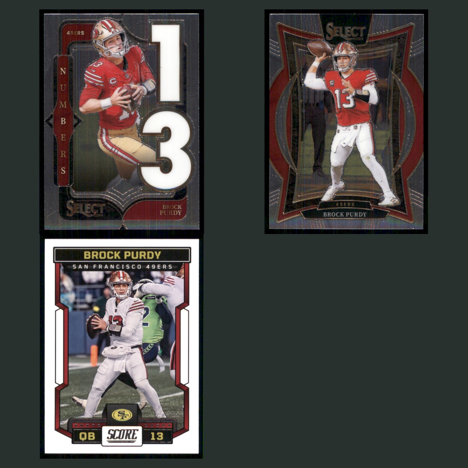 Brock Purdy Lot 3 Football Cards 2024 Panini Select Numbers Set Collection NFL card scans. Overall card condition is Near Mint.