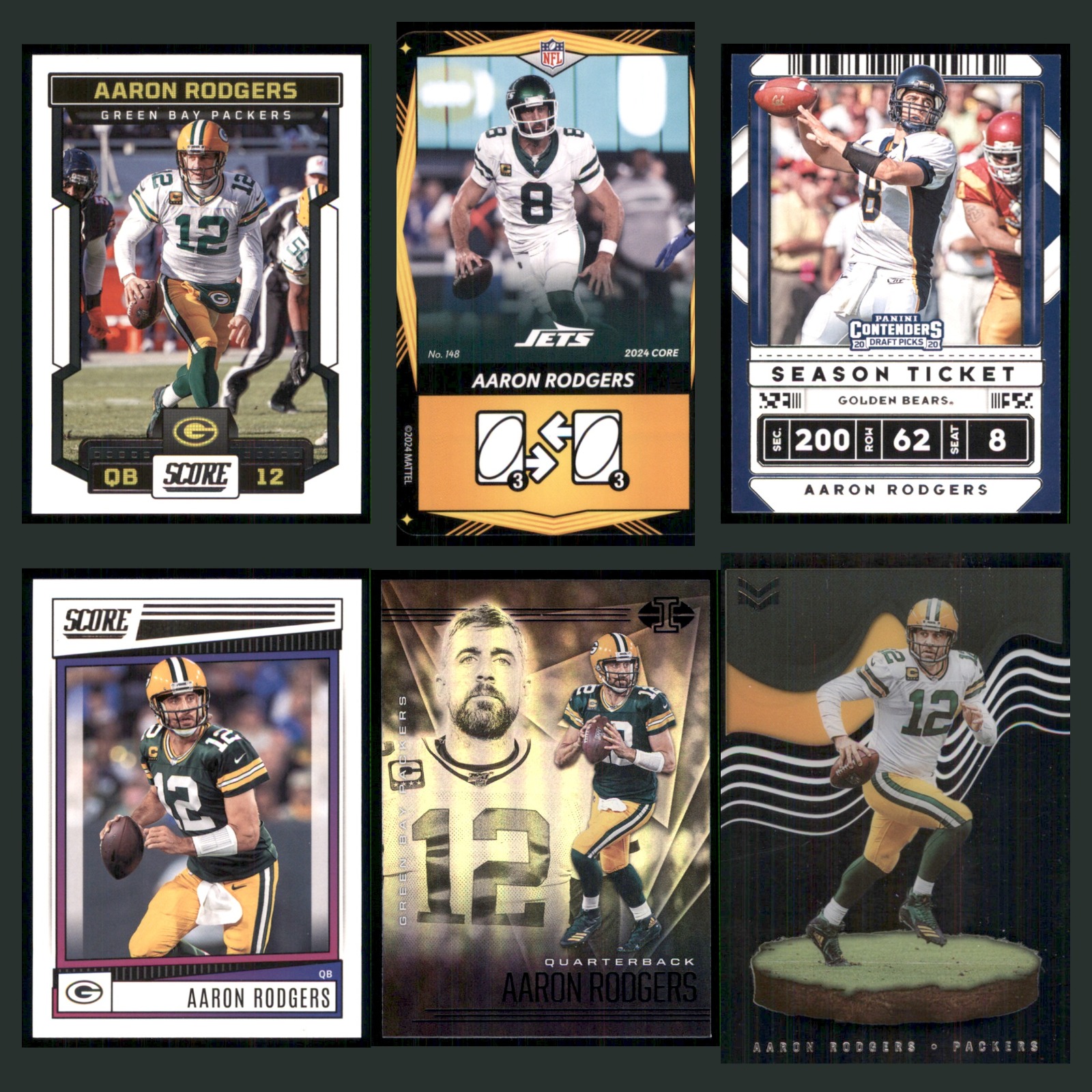 Aaron Rodgers Lot 6 Football Cards 2023 Panini Score Set Collection NFL NM card scans. Overall card condition is Near Mint.