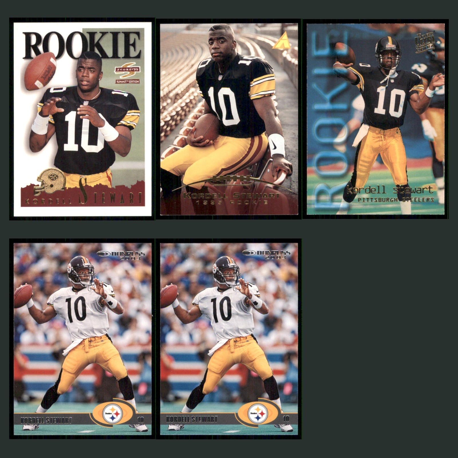 Kordell Stewart Rookie Lot 5 Football Cards 1995 Score Summit Steelers Set NFL card scans. Overall card condition is Near Mint.