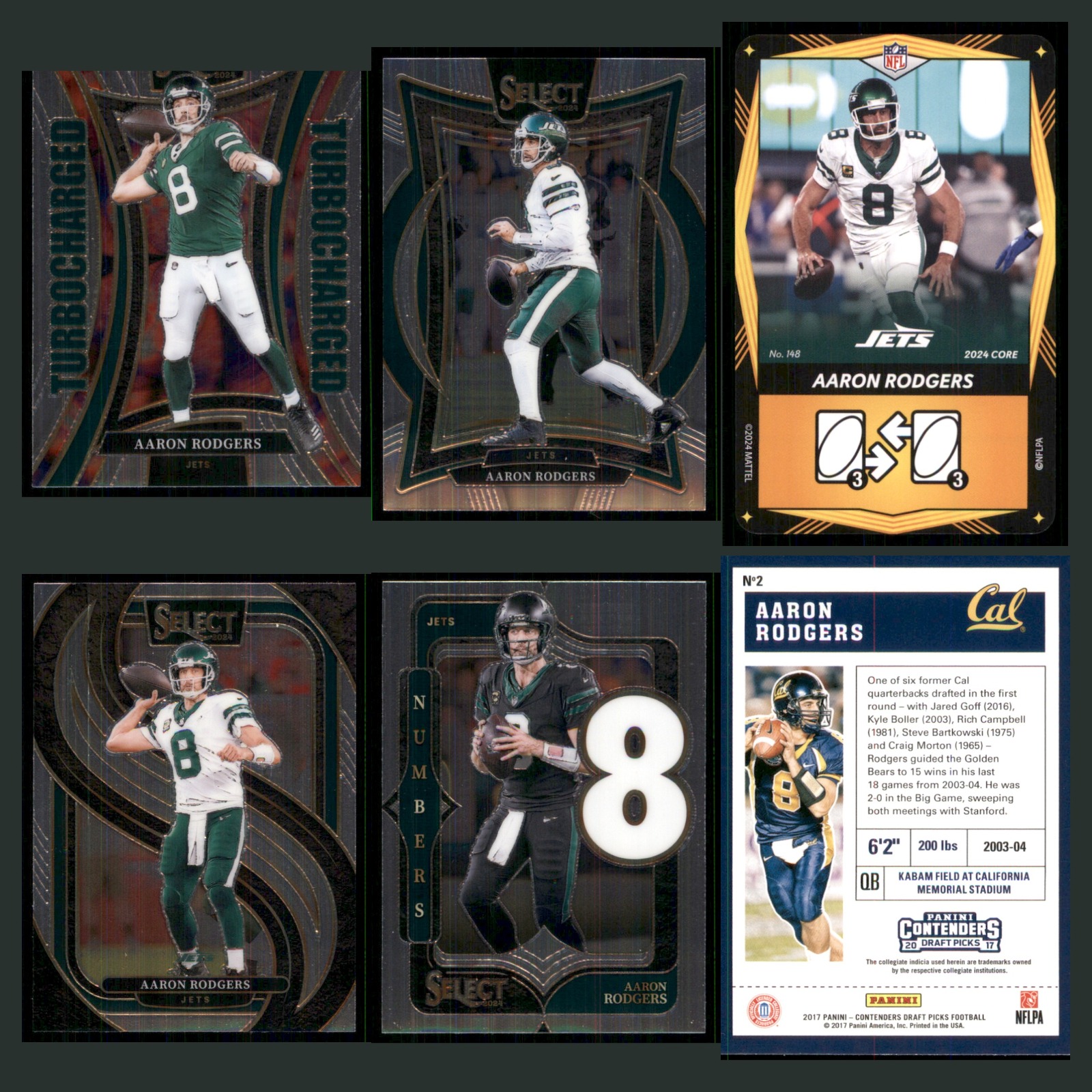 Aaron Rodgers Lot 6 Football Cards 2024 Panini Select Turbocharged New York Jets card scans. Overall card condition is Near Mint.