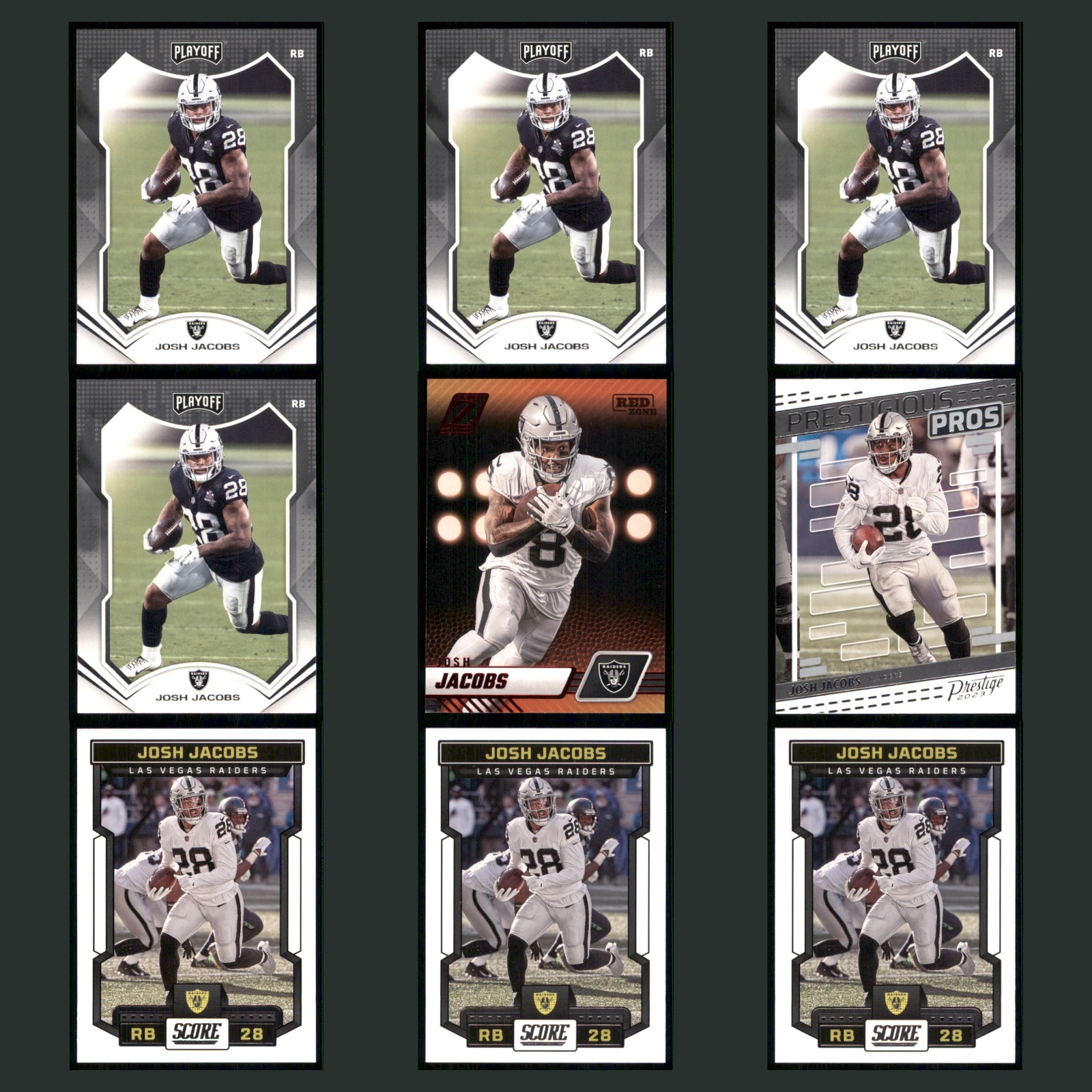 Josh Jacobs Lot 9 Football Cards 2021 Panini Playoff Set Collection NFL NM card scans. Overall card condition is Near Mint.