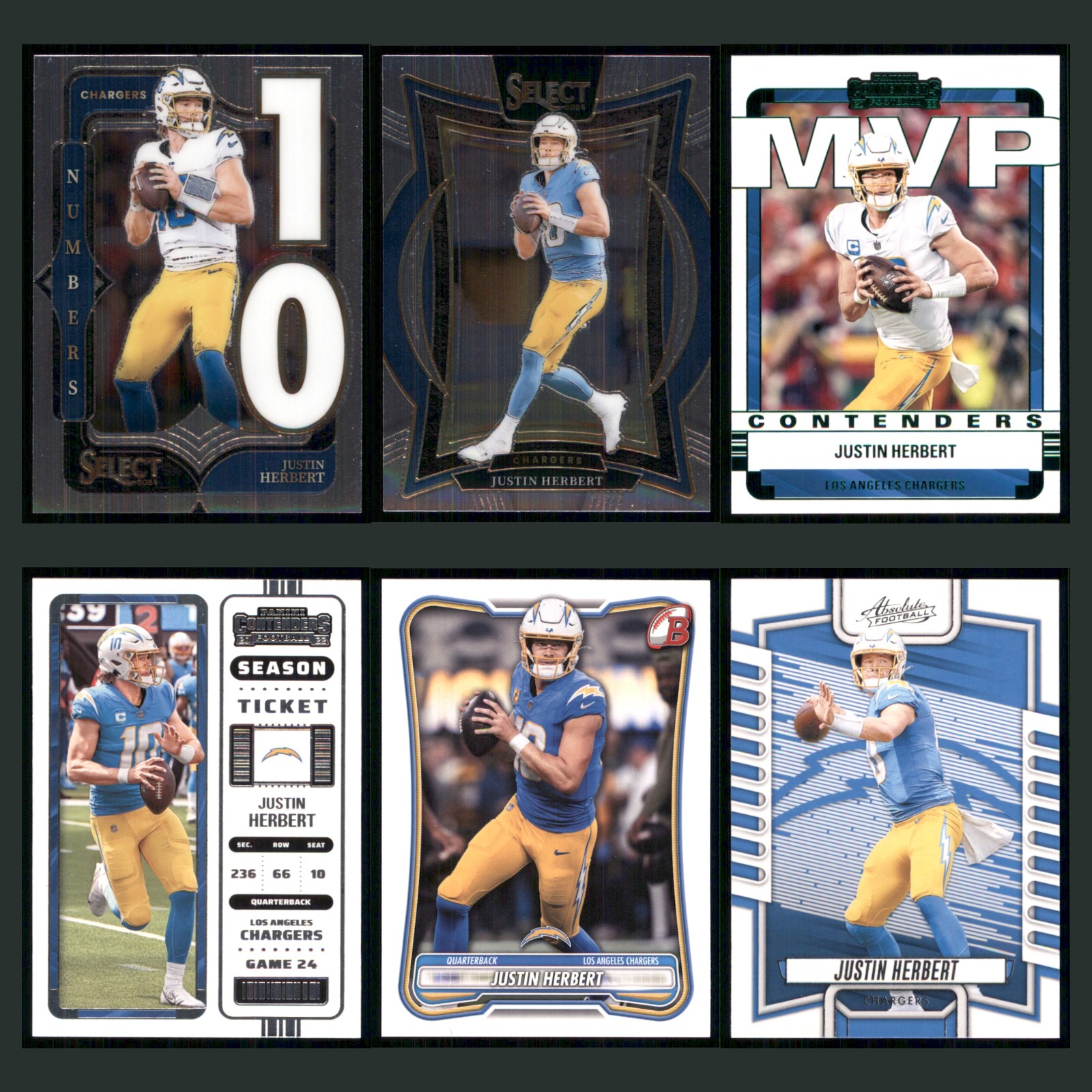 Justin Herbert Lot 6 Football Cards 2024 Panini Select Numbers Set Collection NM card scans. Overall card condition is Near Mint.