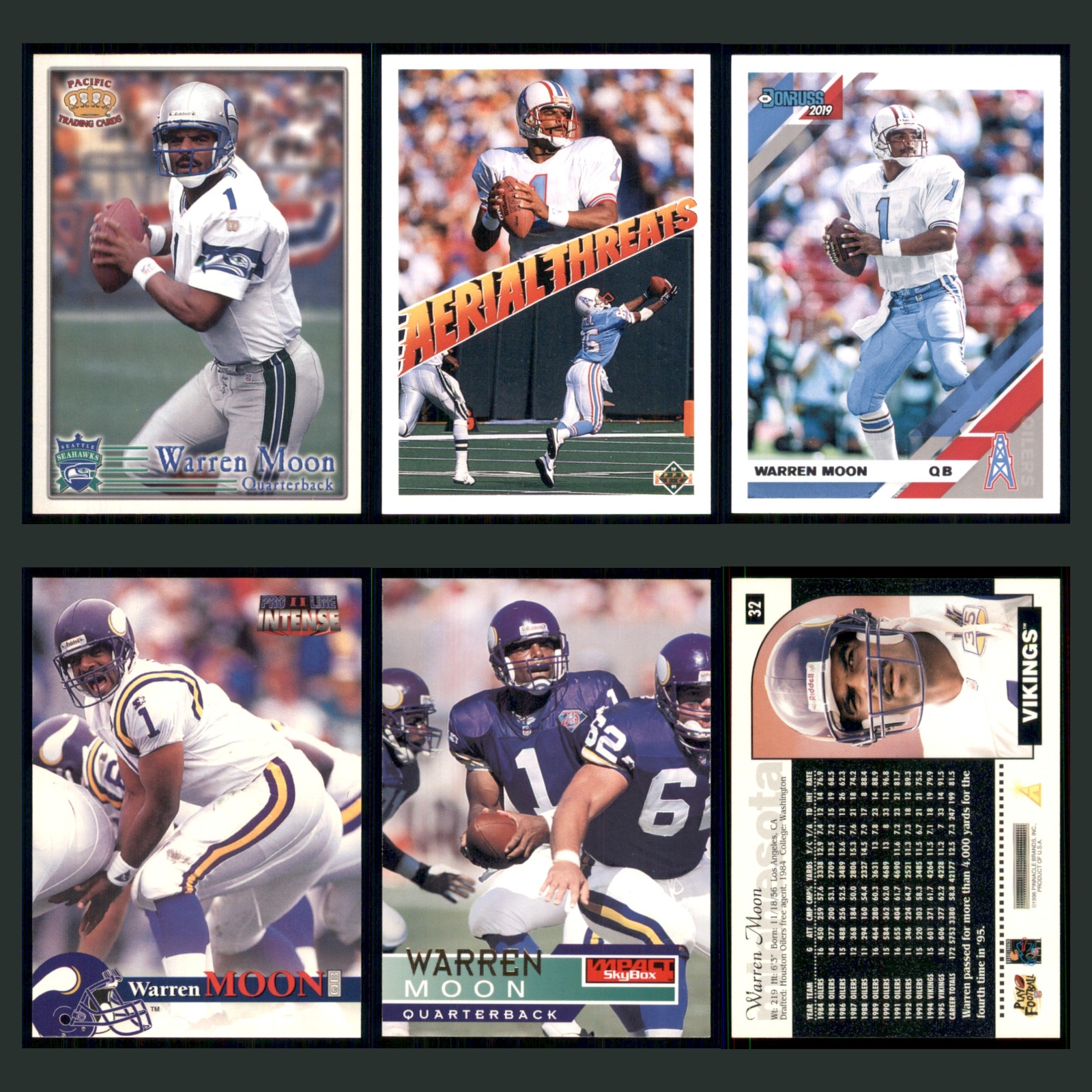 Warren Moon Lot 6 Football Cards 1997 Pacific Trading Cards Seattle Seahawks Set card scans. Overall card condition is Near Mint.