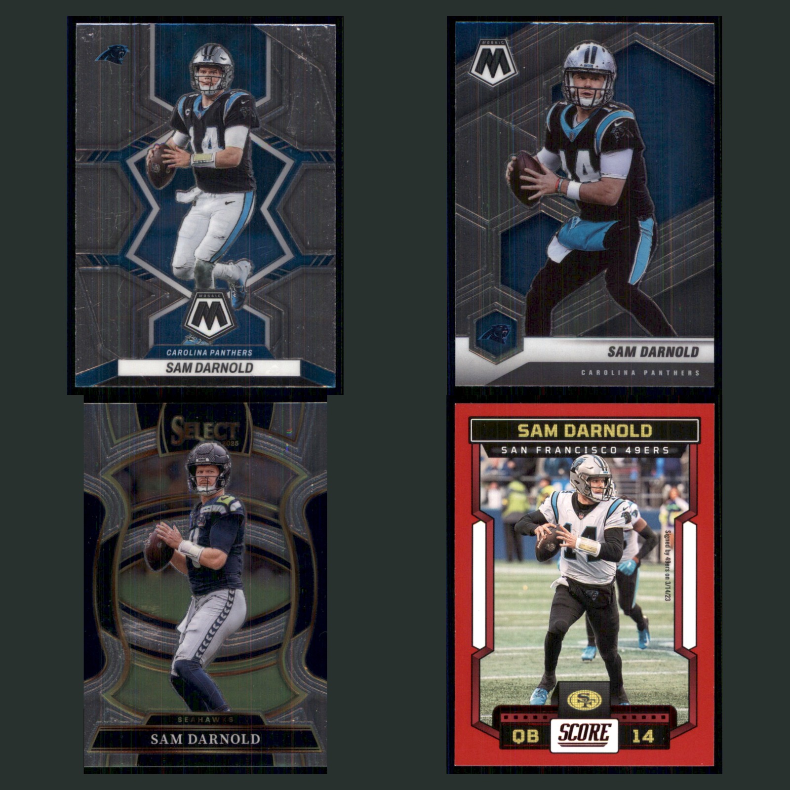 Sam Darnold Lot 4 Football Cards 2022 Panini Mosaic Football Carolina Panthers card scans. Overall card condition is Near Mint.