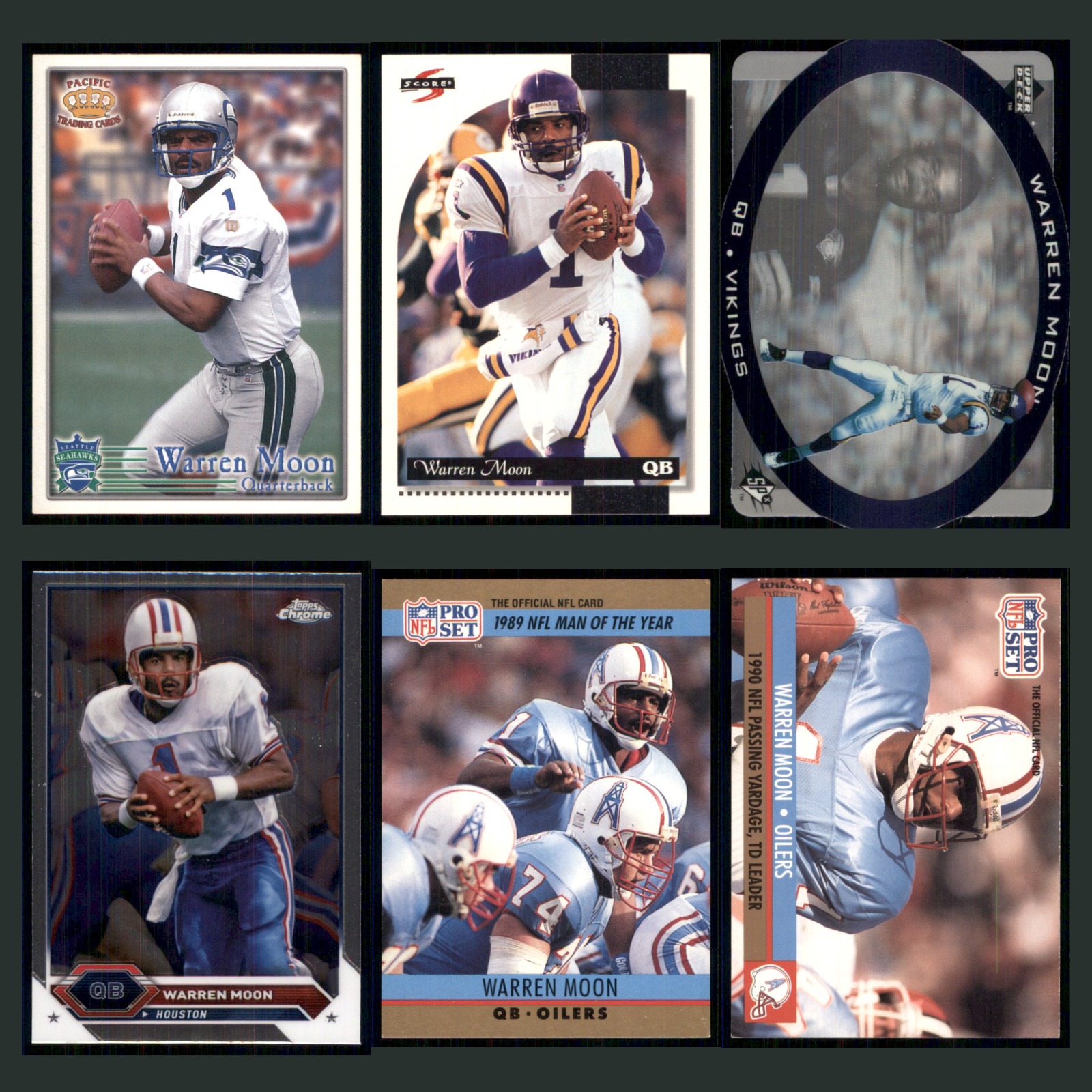 Warren Moon Lot 6 Football Cards 1997 Pacific Trading Cards Seattle Seahawks Set card scans. Overall card condition is Near Mint.