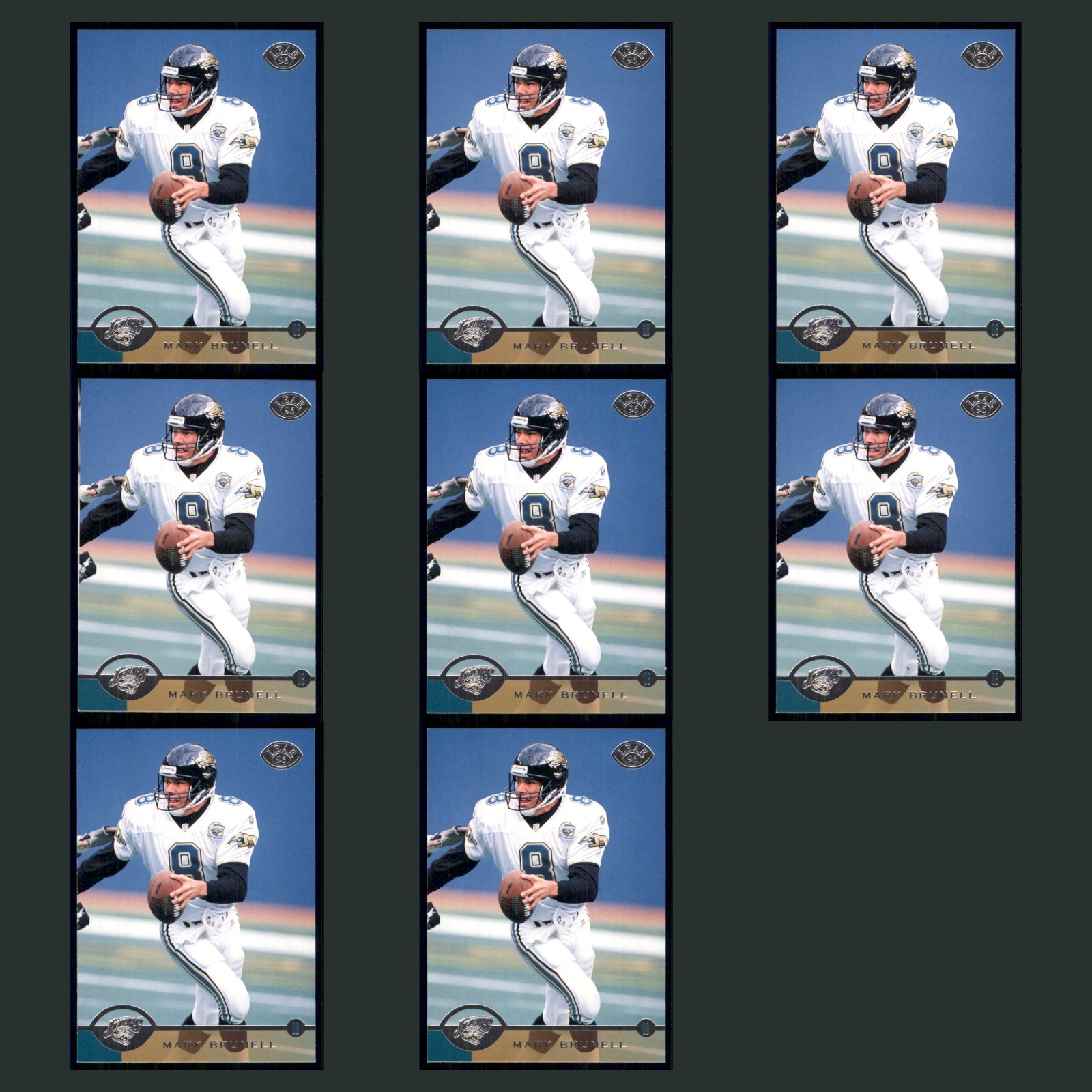 Mark Brunell Lot 8 Football Cards 1996 Leaf Jacksonville Jaguars Set Collection card scans. Overall card condition is Near Mint.