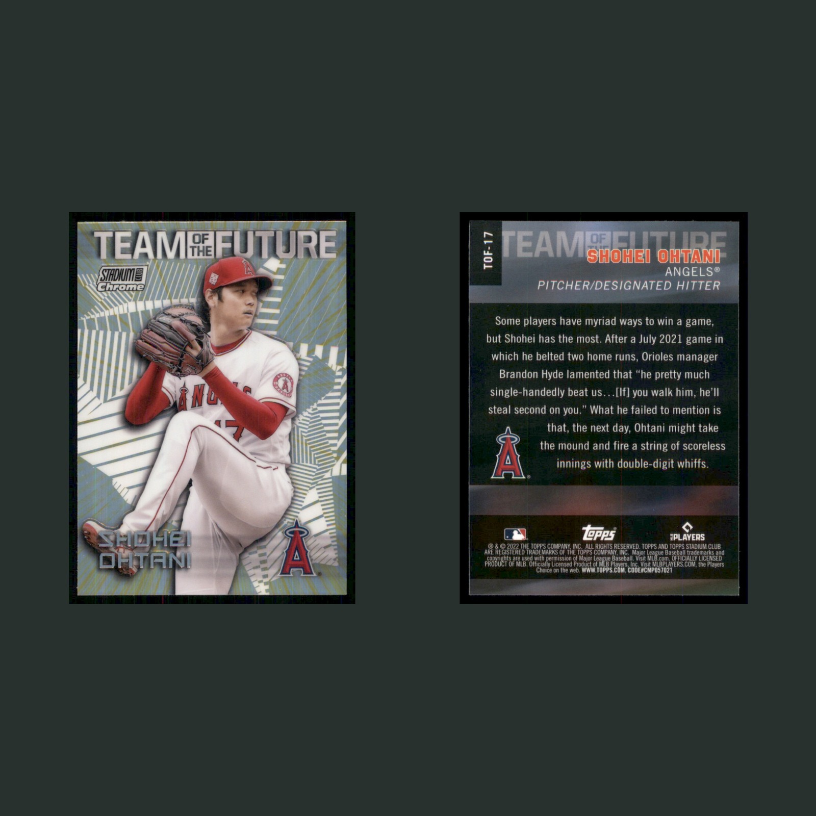Shohei Ohtani #TOF-17 2022 Topps Stadium Club Chrome Team of the Future Angels front and back scans. Card condition is Near Mint.