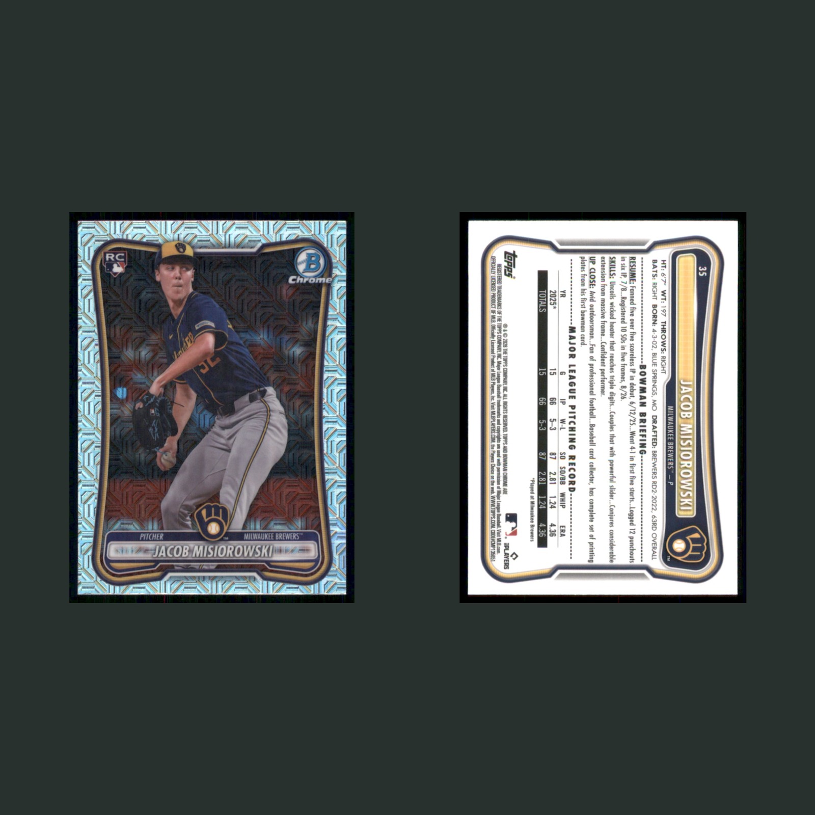 Jacob Misiorowski Rookie #35 2026 Bowman Chrome Milwaukee Brewers Baseball Card front and back scans. Card condition is Near Mint.