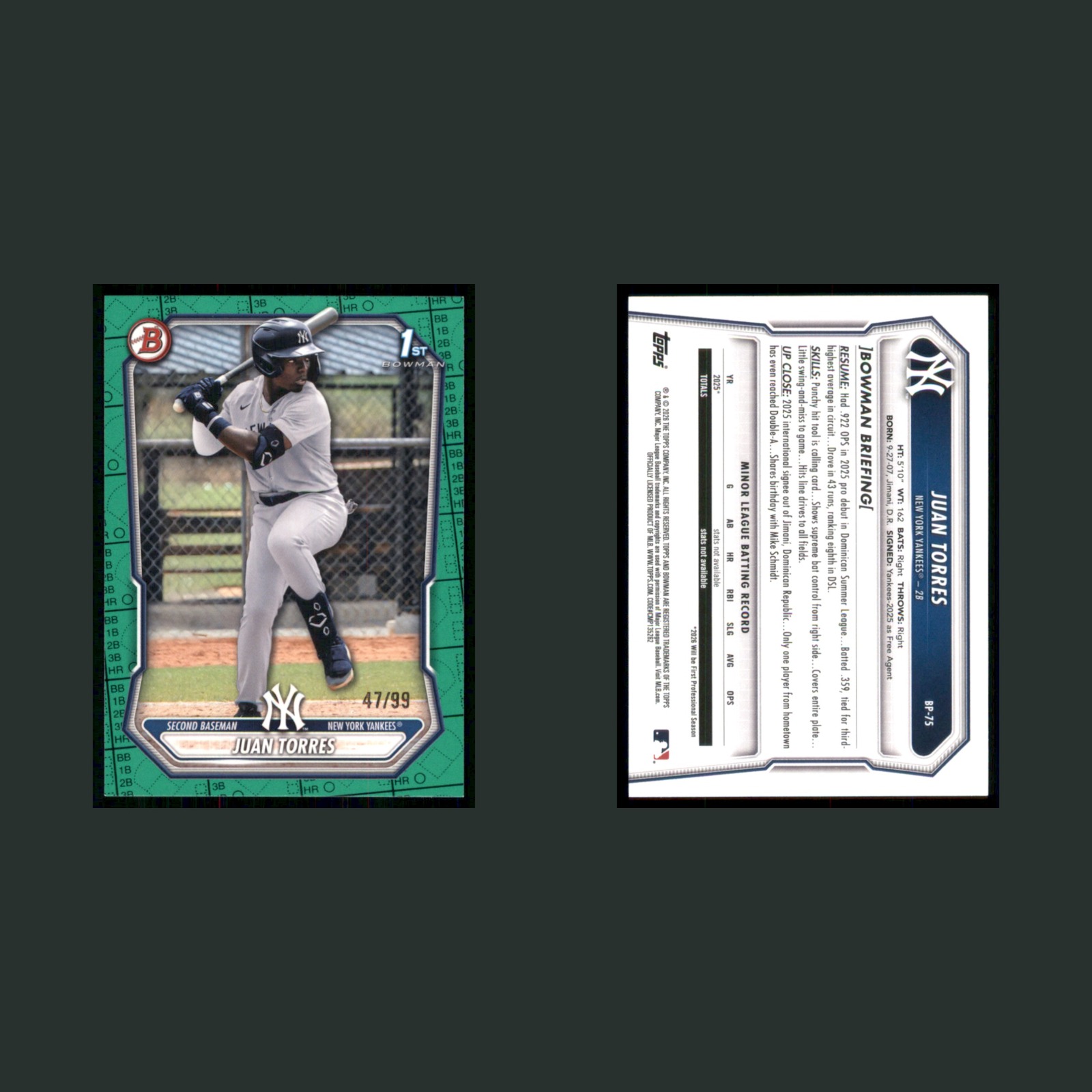 Juan Torres Rookie /99 #BP-75 2026 Bowman New York Yankees Baseball Card MLB front and back scans. Card condition is Near Mint.