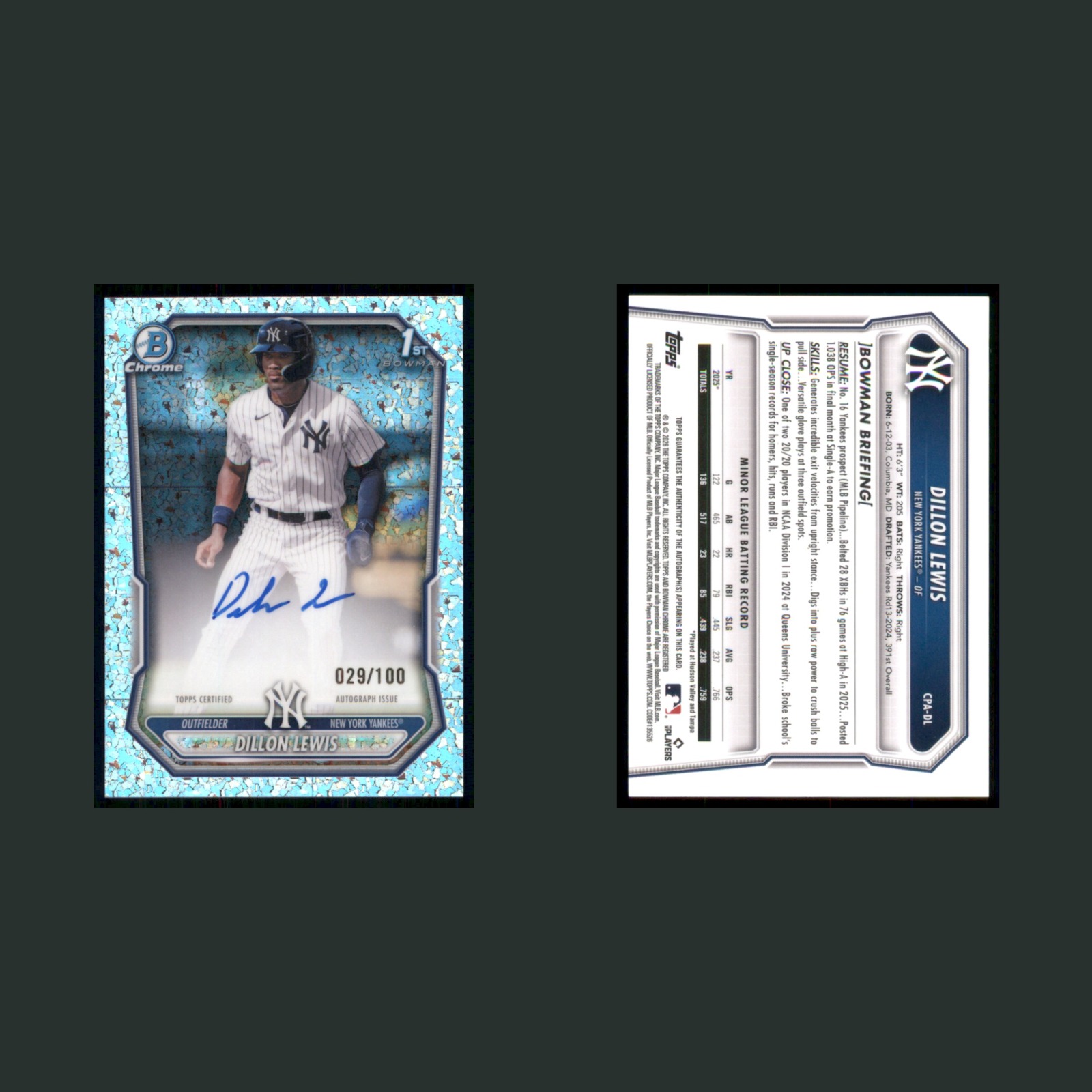 Dillon Lewis Rookie /100 #CPA-DL Autograph 2026 Bowman Chrome New York Yankees front and back scans. Card condition is Near Mint.