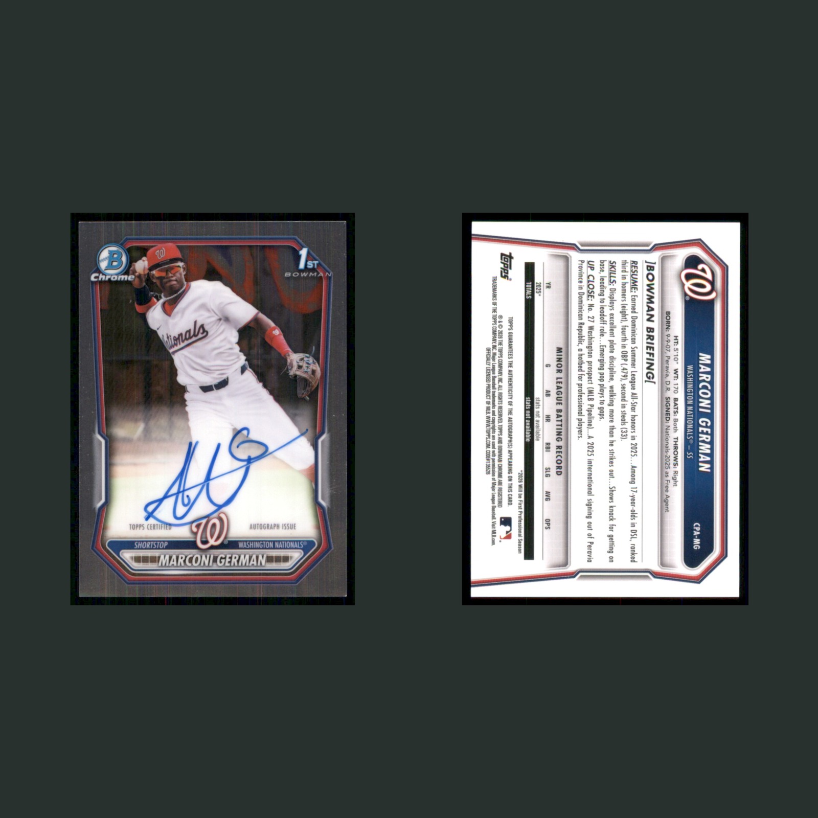 Marconi German Auto #CPA-MG Autograph 2026 Bowman Chrome Washington Nationals front and back scans. Card condition is Near Mint.