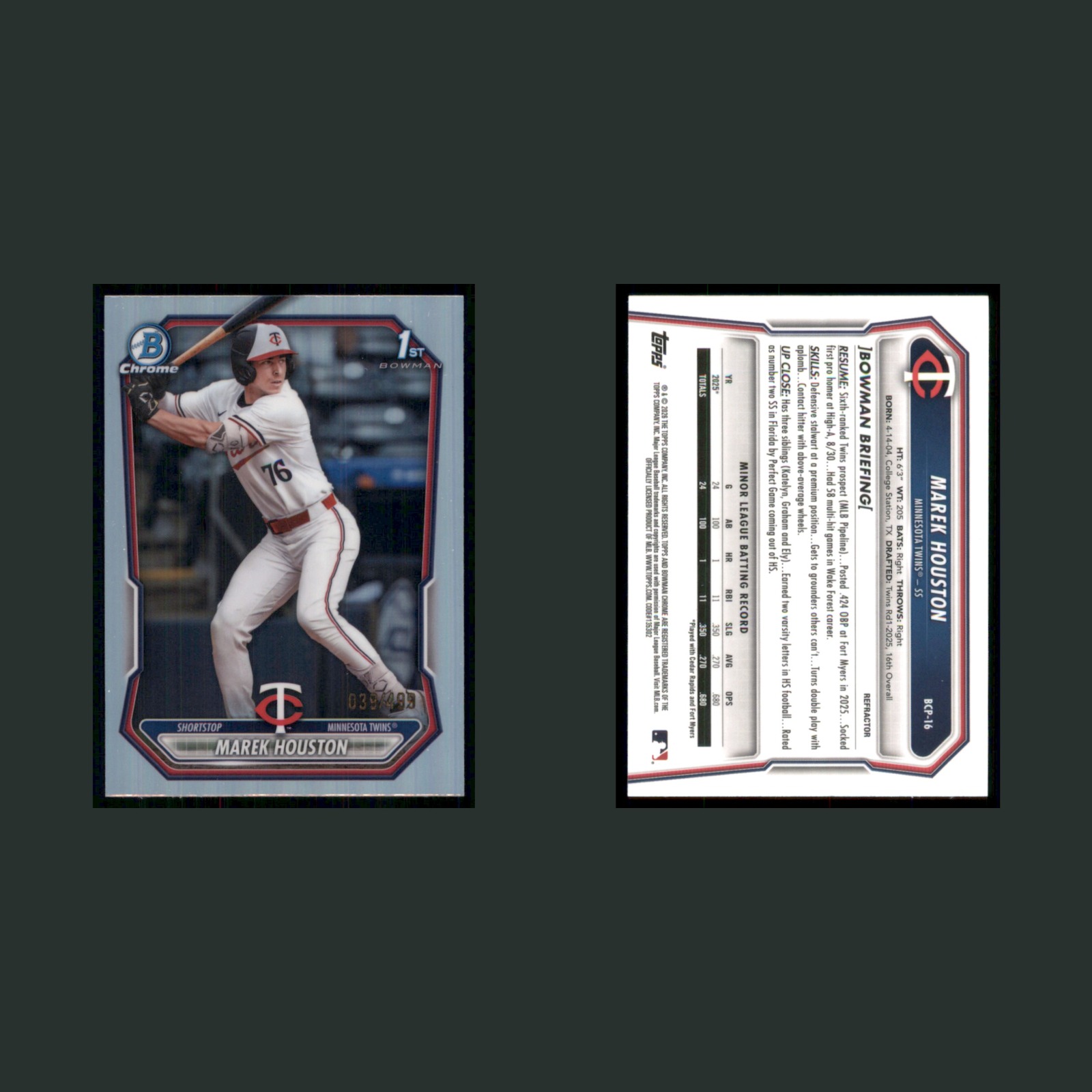 Marek Houston Rookie /499 #BCP-16 2026 Bowman Chrome Minnesota Twins Baseball front and back scans. Card condition is Near Mint.