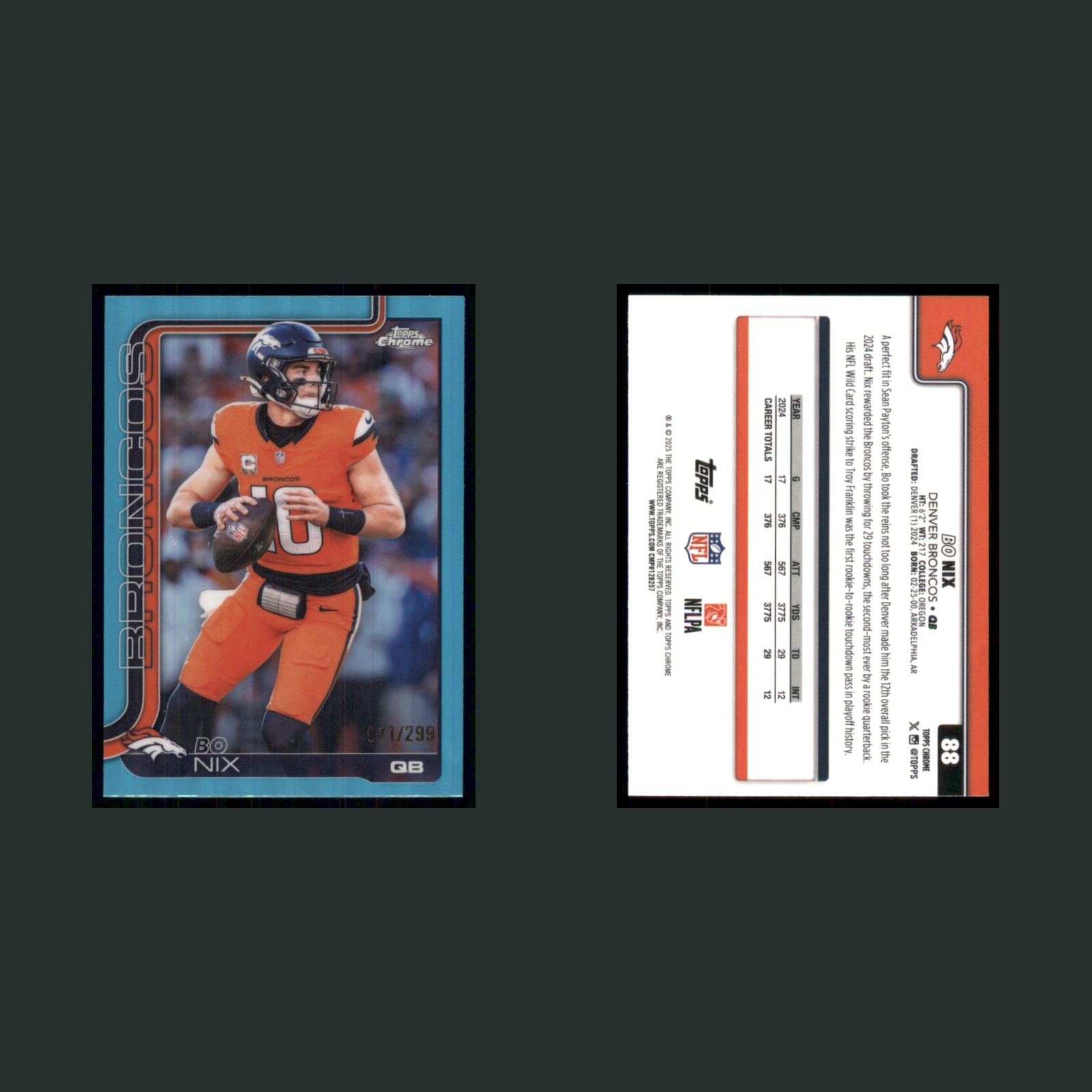 Bo Nix Rookie /299 #88 2025 Topps Chrome Denver Broncos Football Card NFL front and back scans. Card condition is Near Mint.