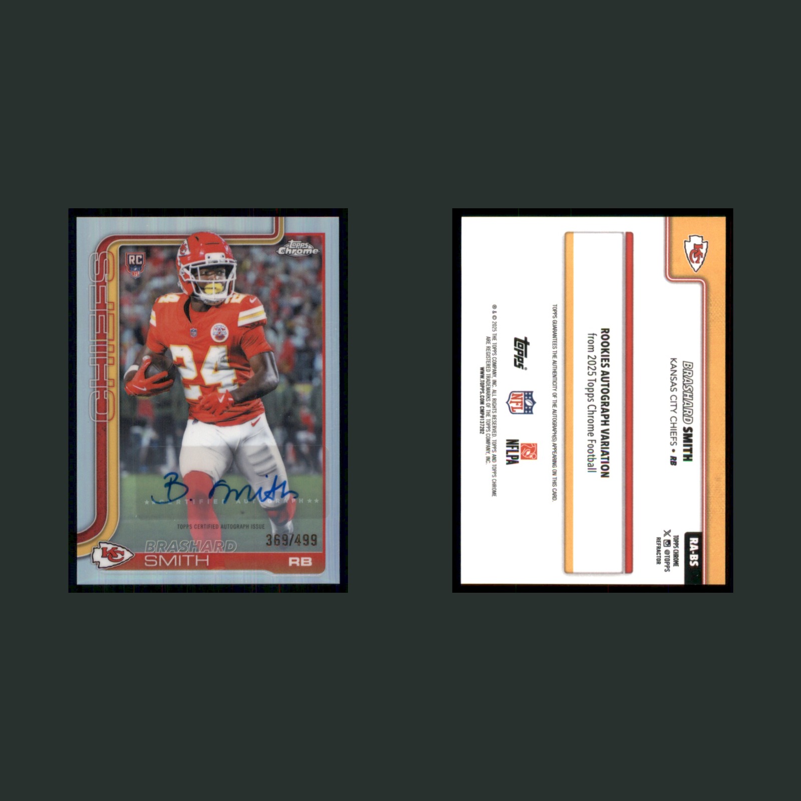 Brashard Smith Rookie /499 #RA-BS Autograph 2025 Topps Chrome Kansas City Chiefs front and back scans. Card condition is Near Mint.