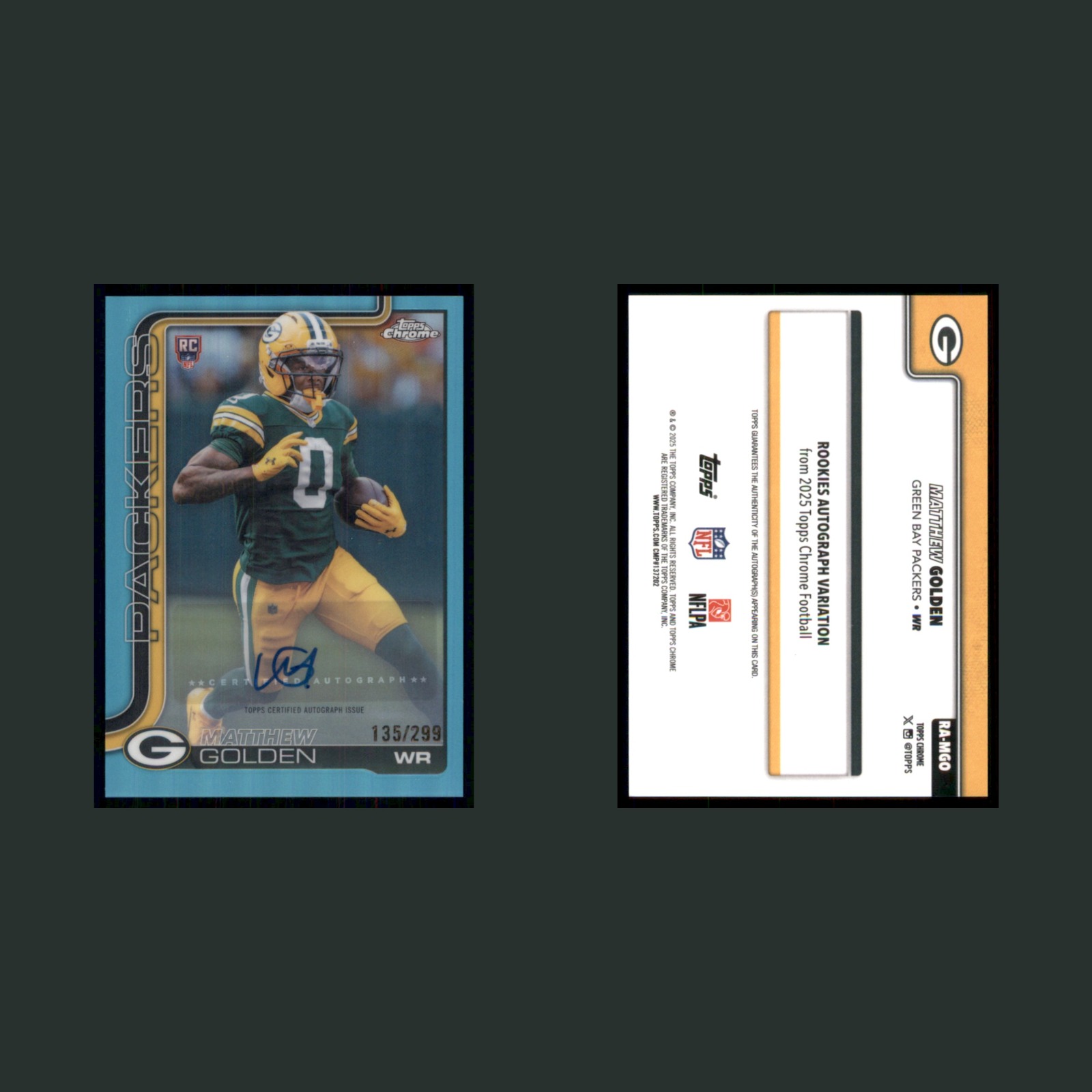 Matthew Golden Rookie /299 #RAV-MGO Autograph 2025 Topps Chrome Packers Football front and back scans. Card condition is Near Mint.